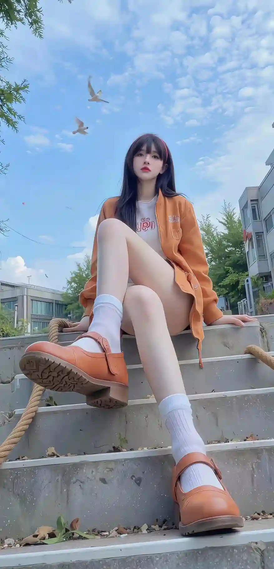 蓝天，白云，坐在台阶上的大长腿美少女