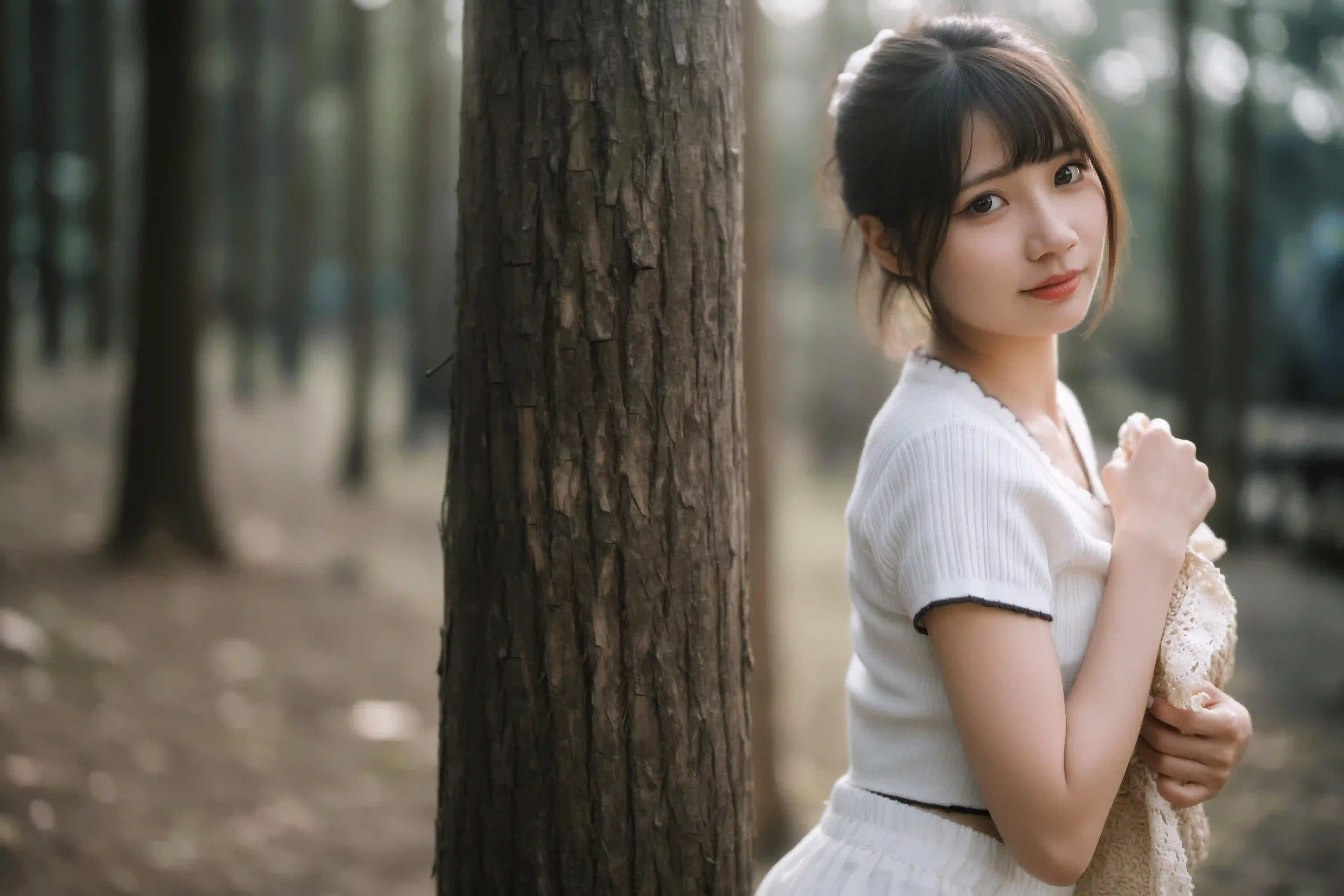 长发美女 户外 可爱 白色衣服 