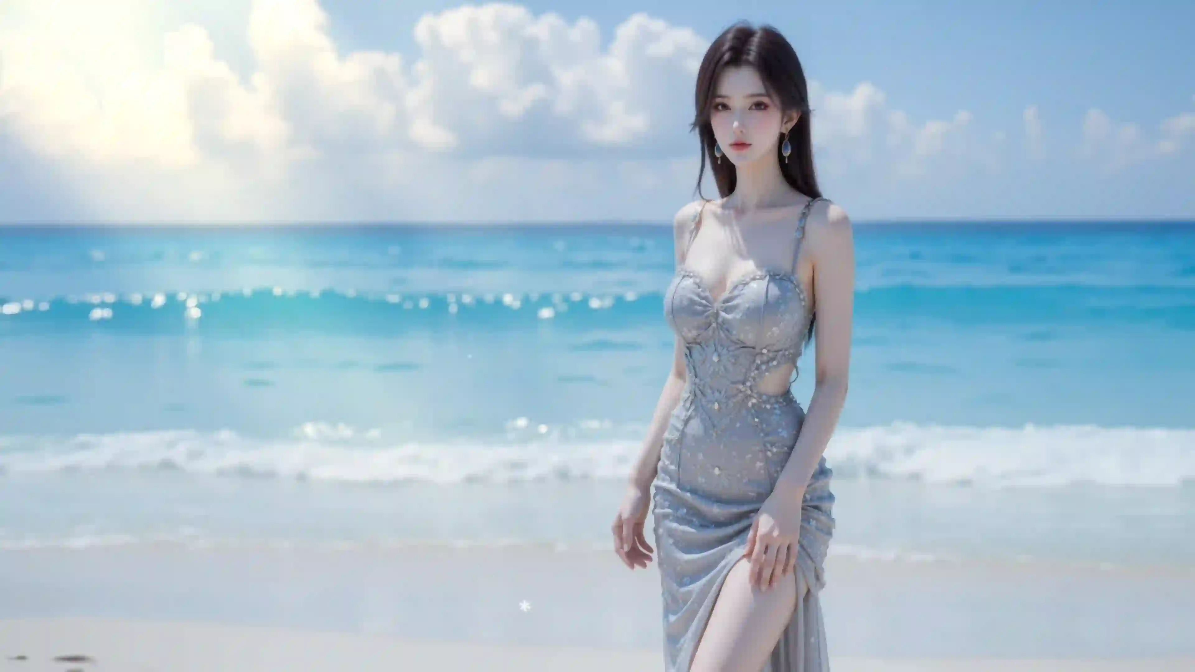 Ai 4k壁纸 长发美女 性感美女 户外场景 海水 海边 性感吊带 二次元美女