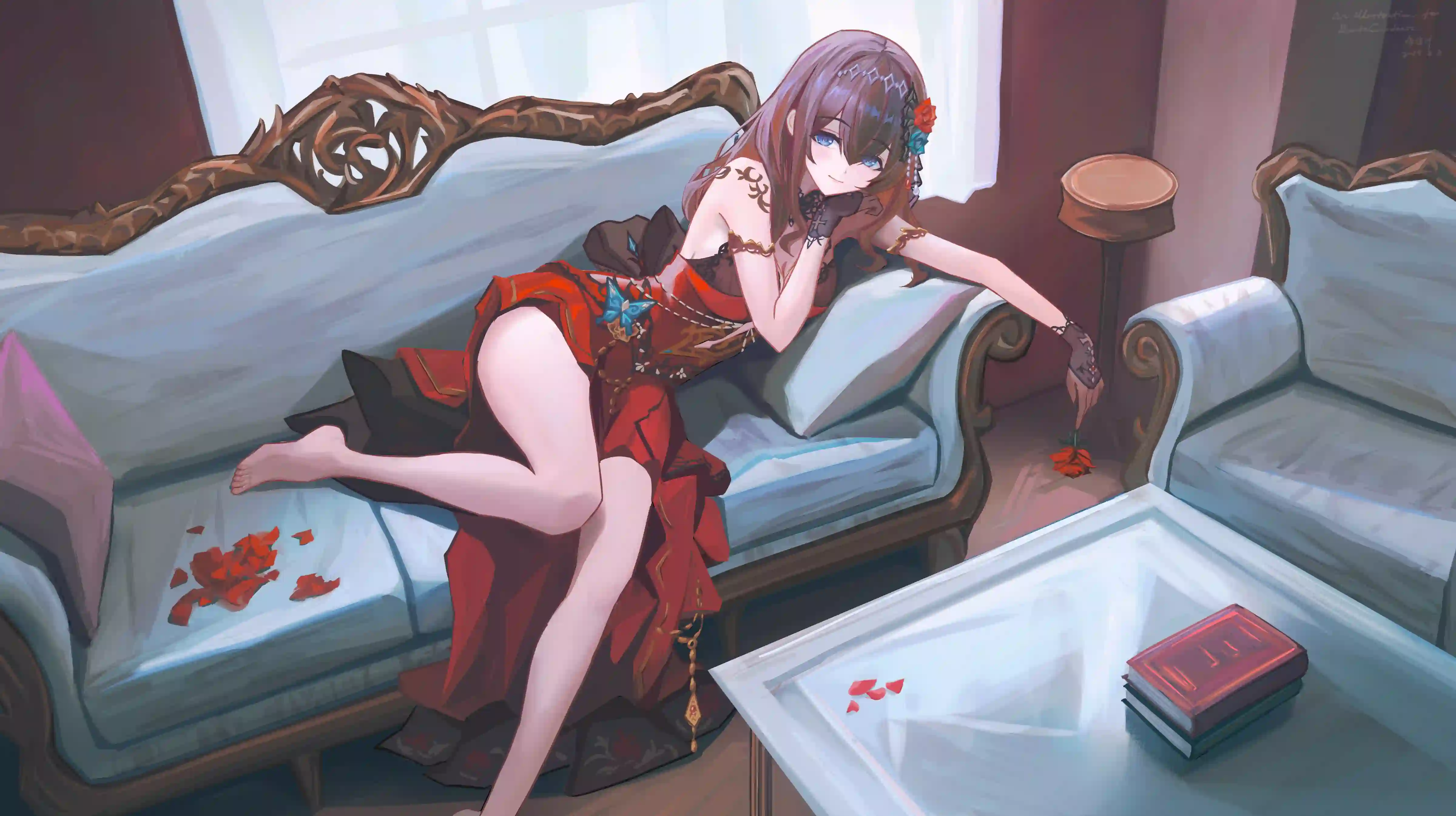 二次元美少女 红礼服慵懒倚卧 华丽复古风动漫插画