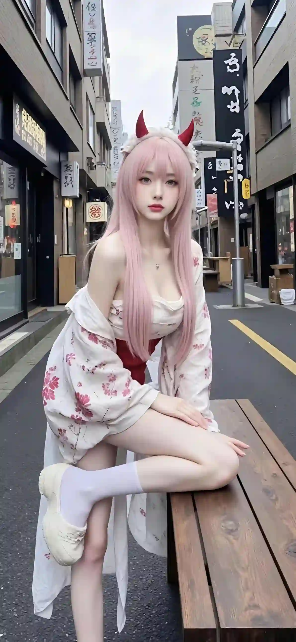 粉色头发 和服美女 日式街道 COS 狐狸角装饰 坐姿