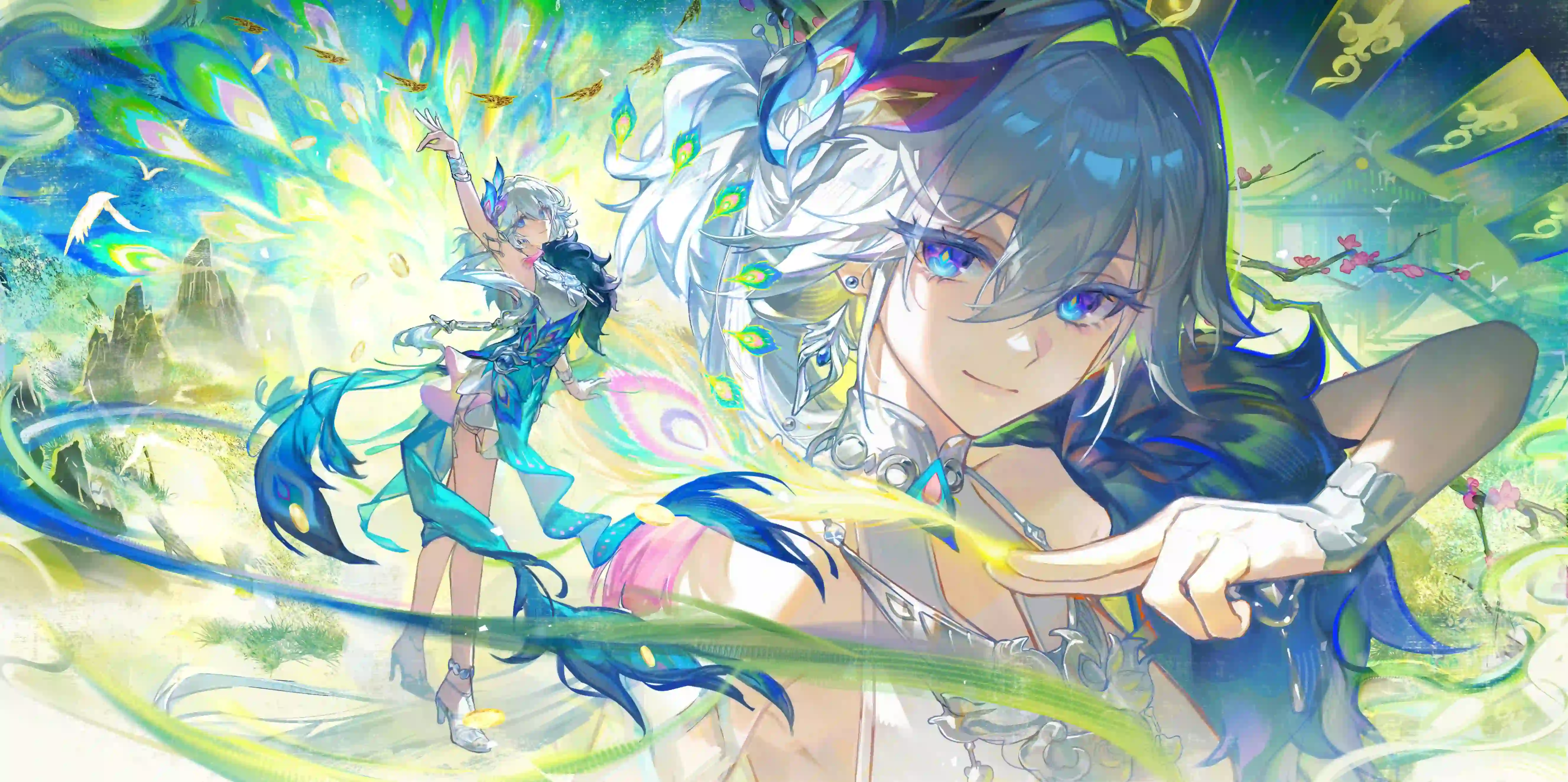 动漫女孩 二次元女孩 蓝色长发动漫女孩 孔雀起舞