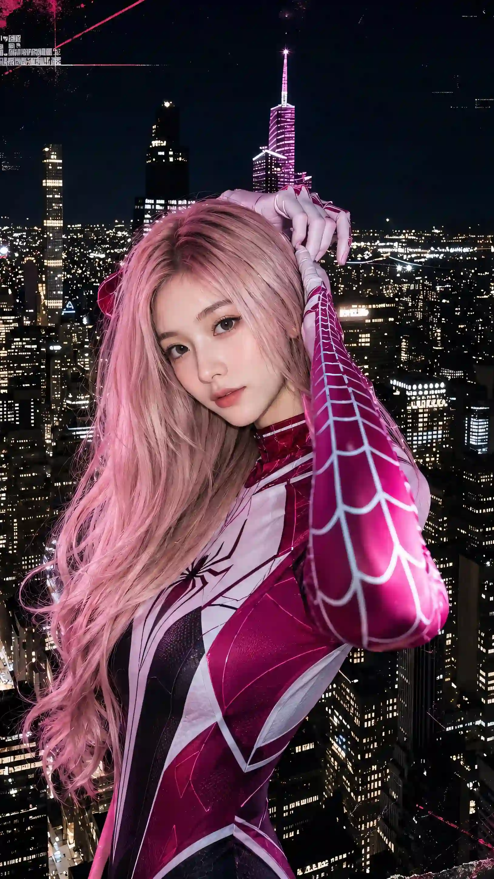 粉发 蜘蛛女 漫威角色 cosplay 城市夜景 战衣