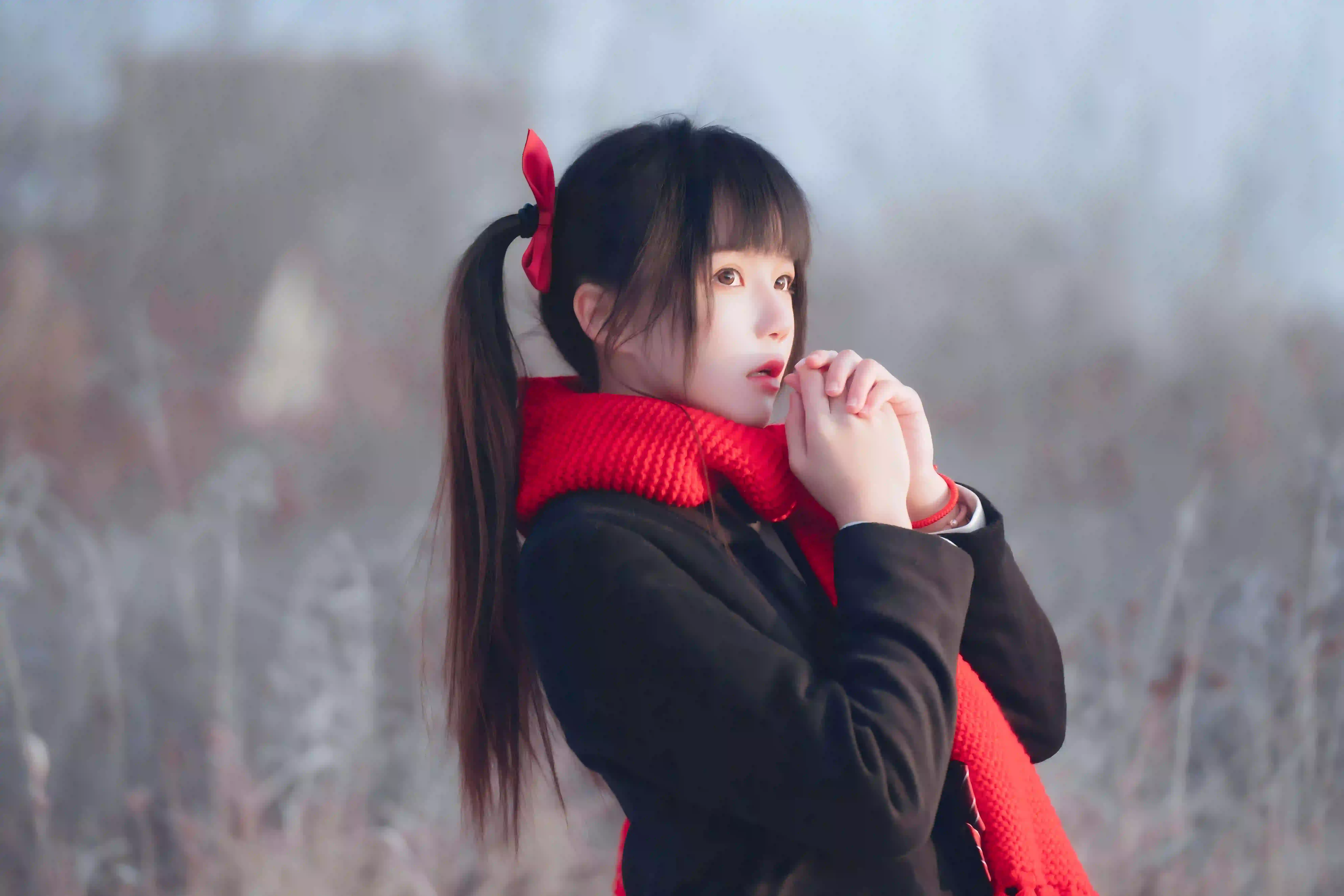 冬日 雪 围巾 可爱 红色围巾 jk美女 户外写真 双马尾女孩