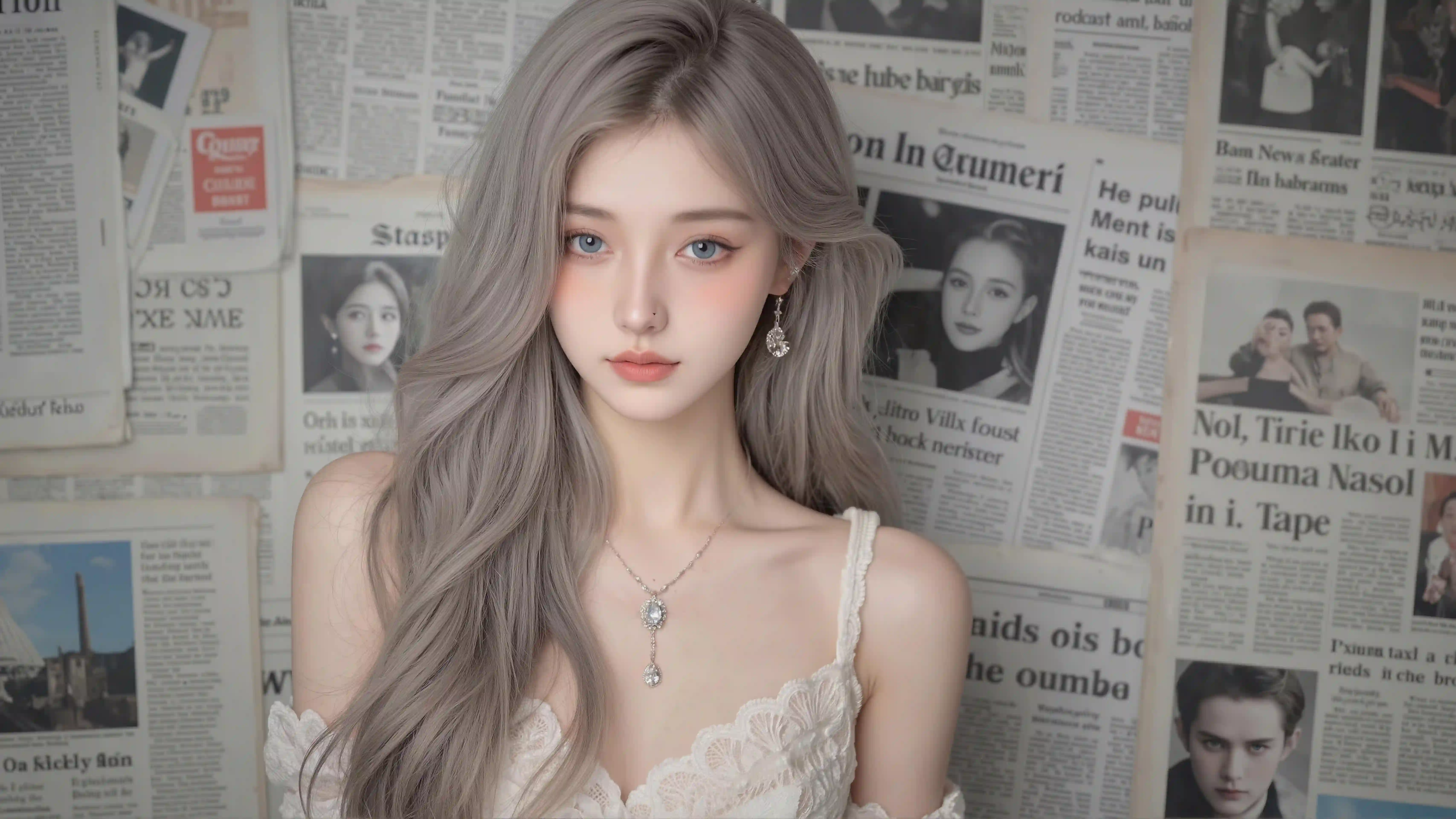 报纸墙美女，温柔气质长卷发美女，性感蕾丝吊带穿着