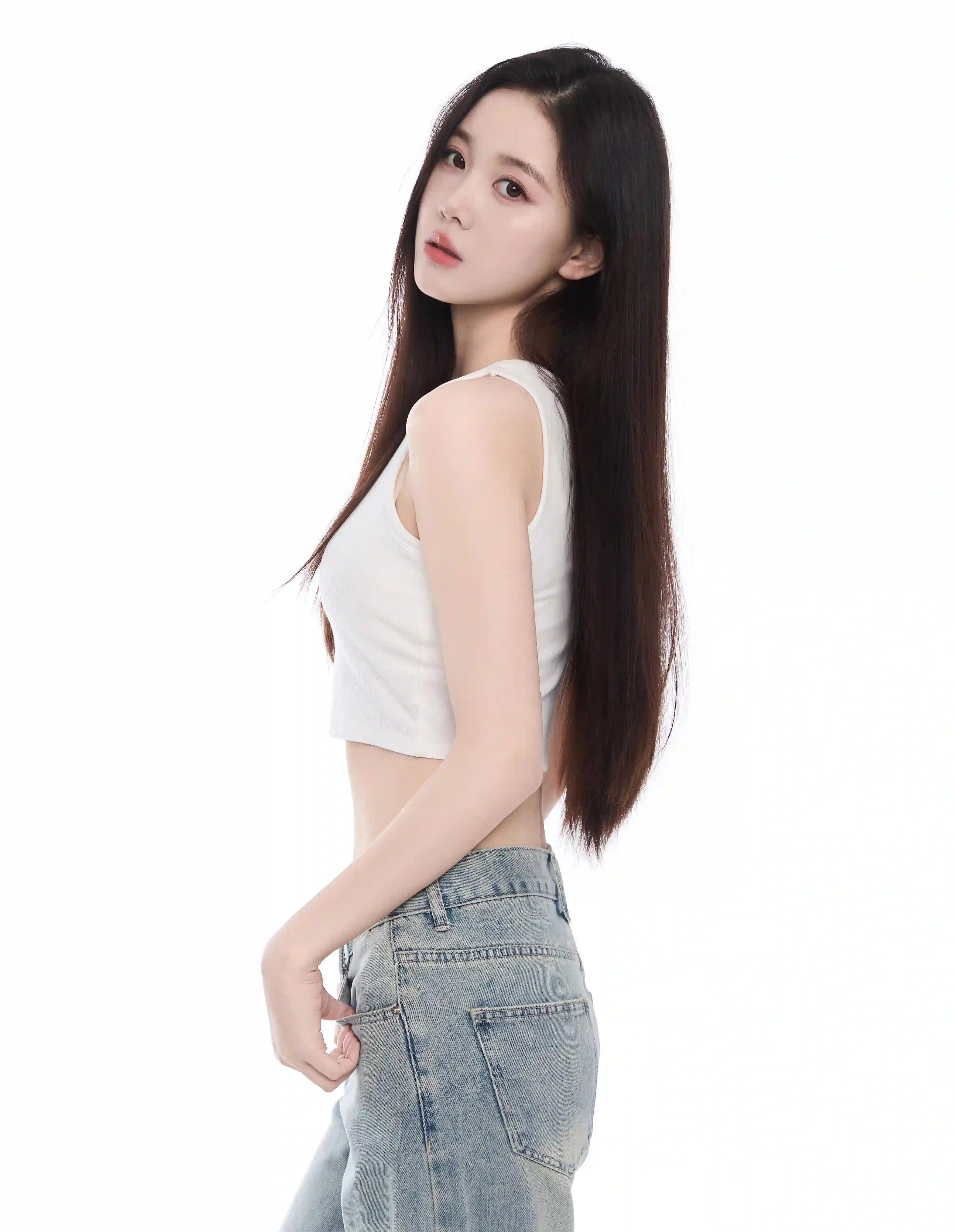 长发美女 白衣牛仔裤女孩 可爱 美女