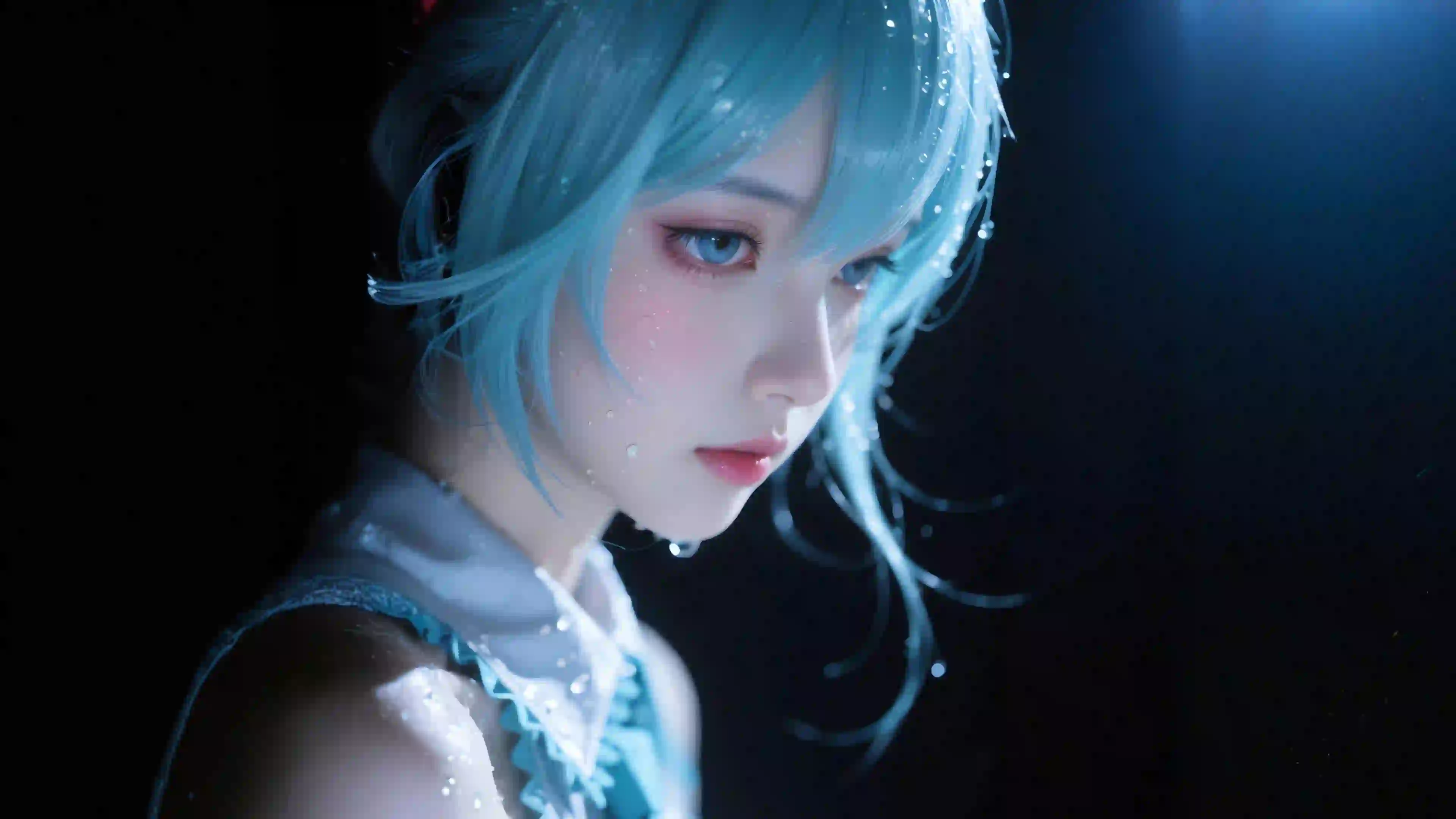 初音cos美女 暗色 光影 蓝发女孩 