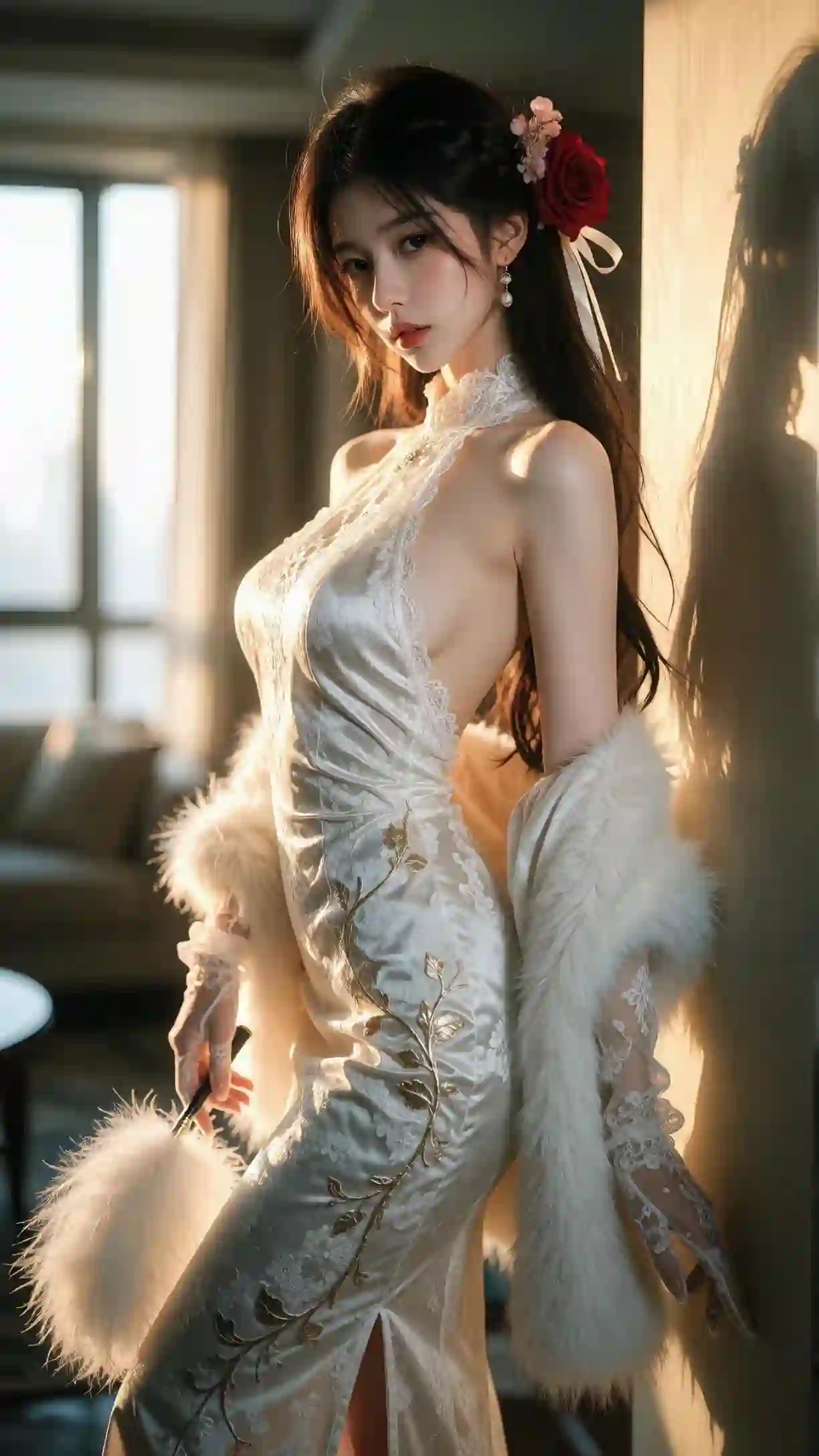 白色蕾丝旗袍 美女 暖光 优雅 室内 人像