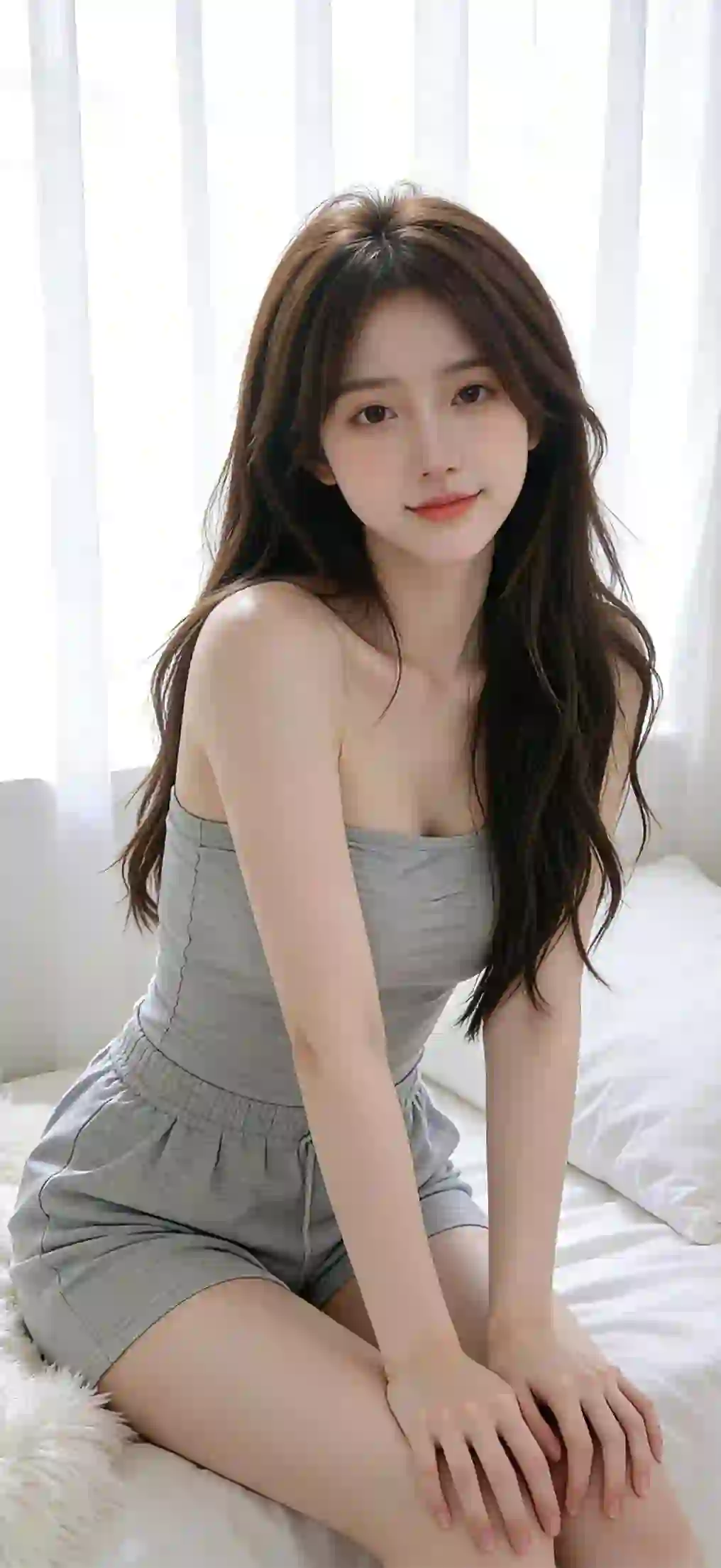 长发美女 抹胸穿搭 清纯美女 居家写真