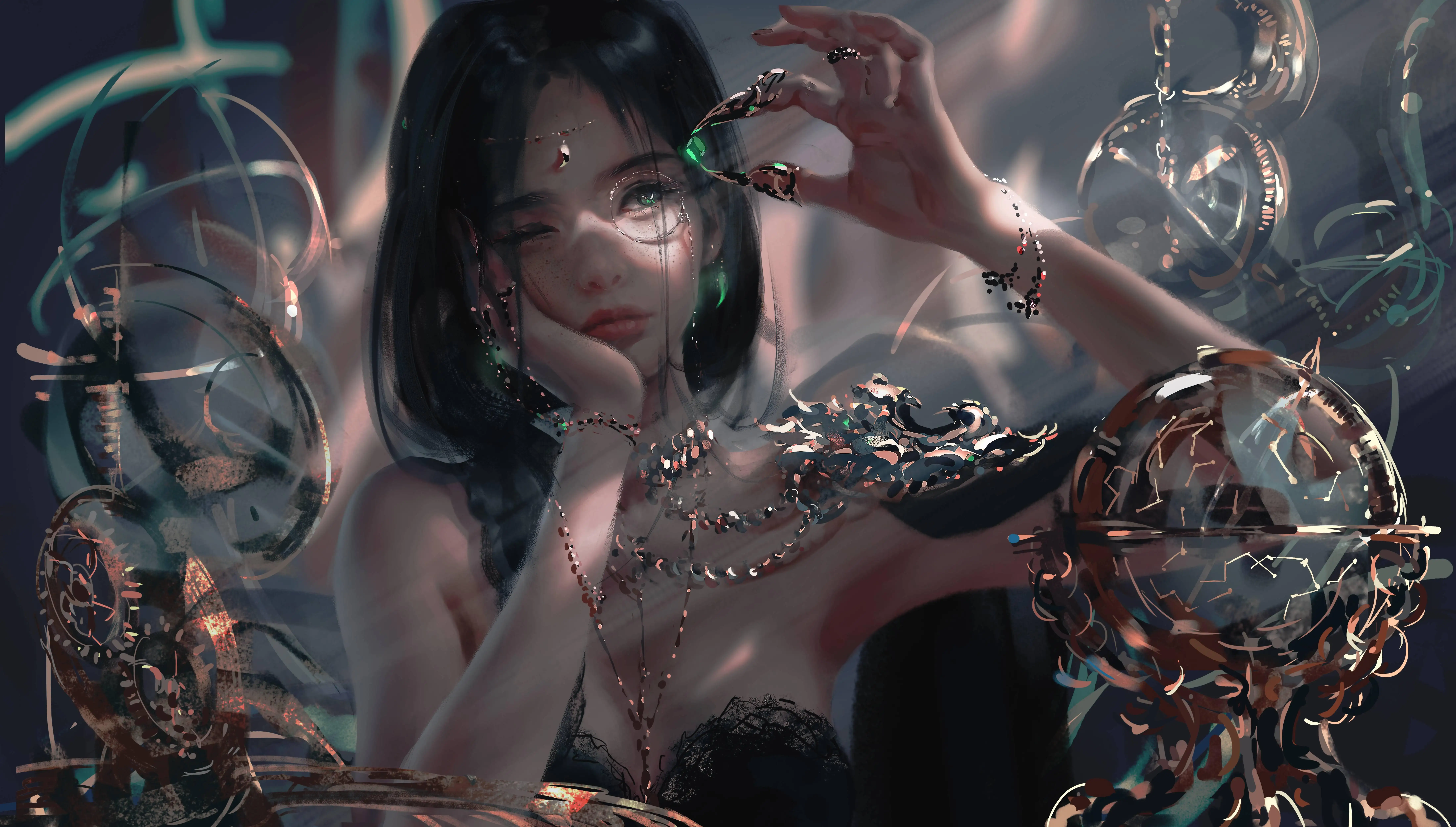 长发美女 拿着绿宝石的美女公主 wlop