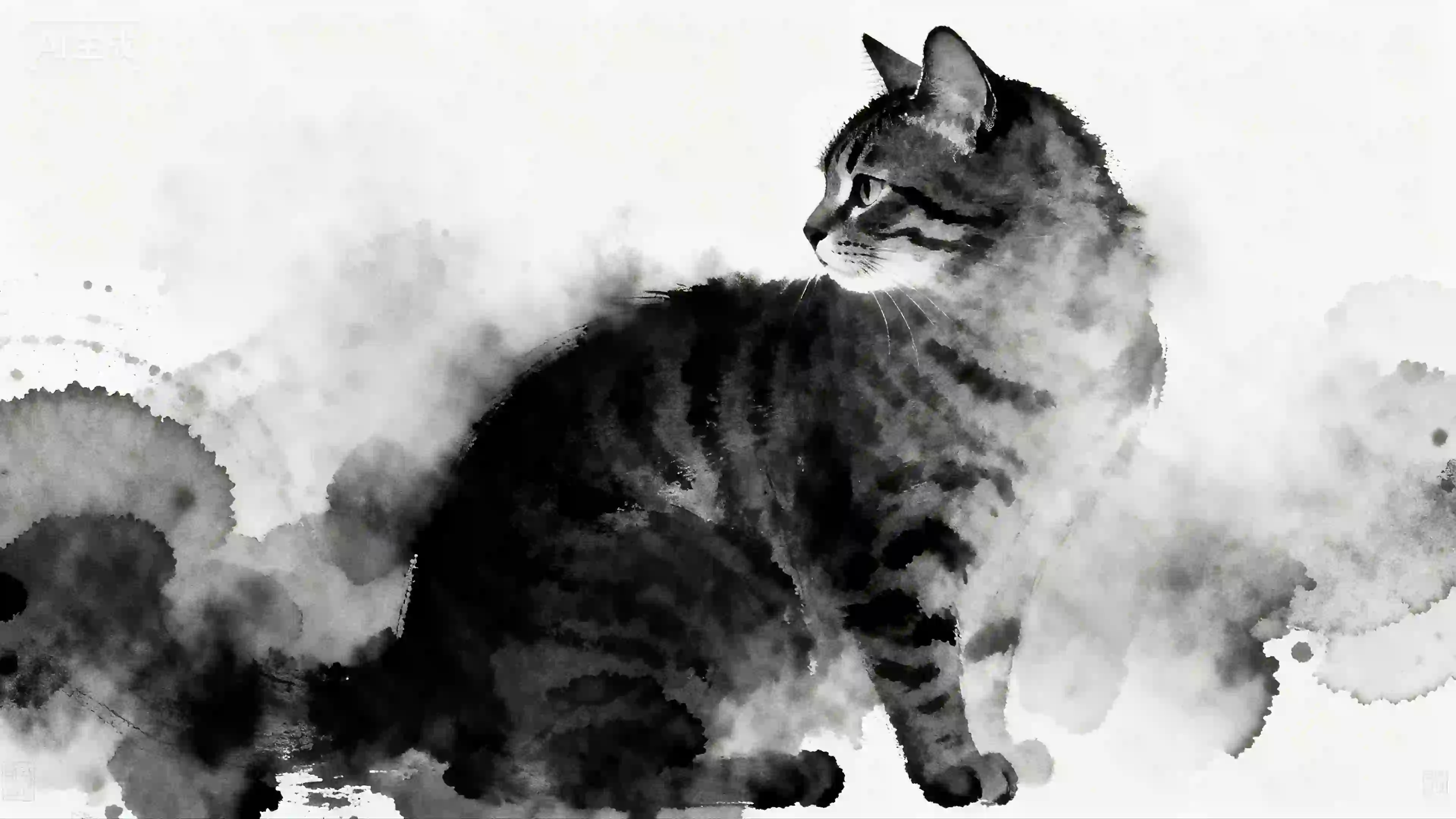 水墨风格 可爱狸花猫 可爱小猫咪