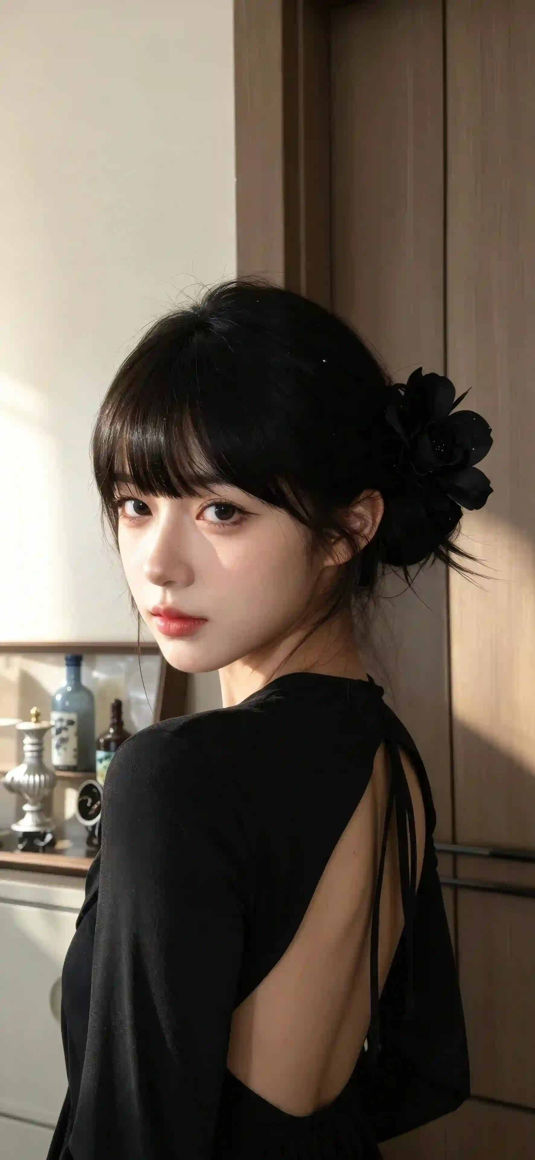 黑色露背裙 少女 写真 盘发 光影 人像 室内 氛围