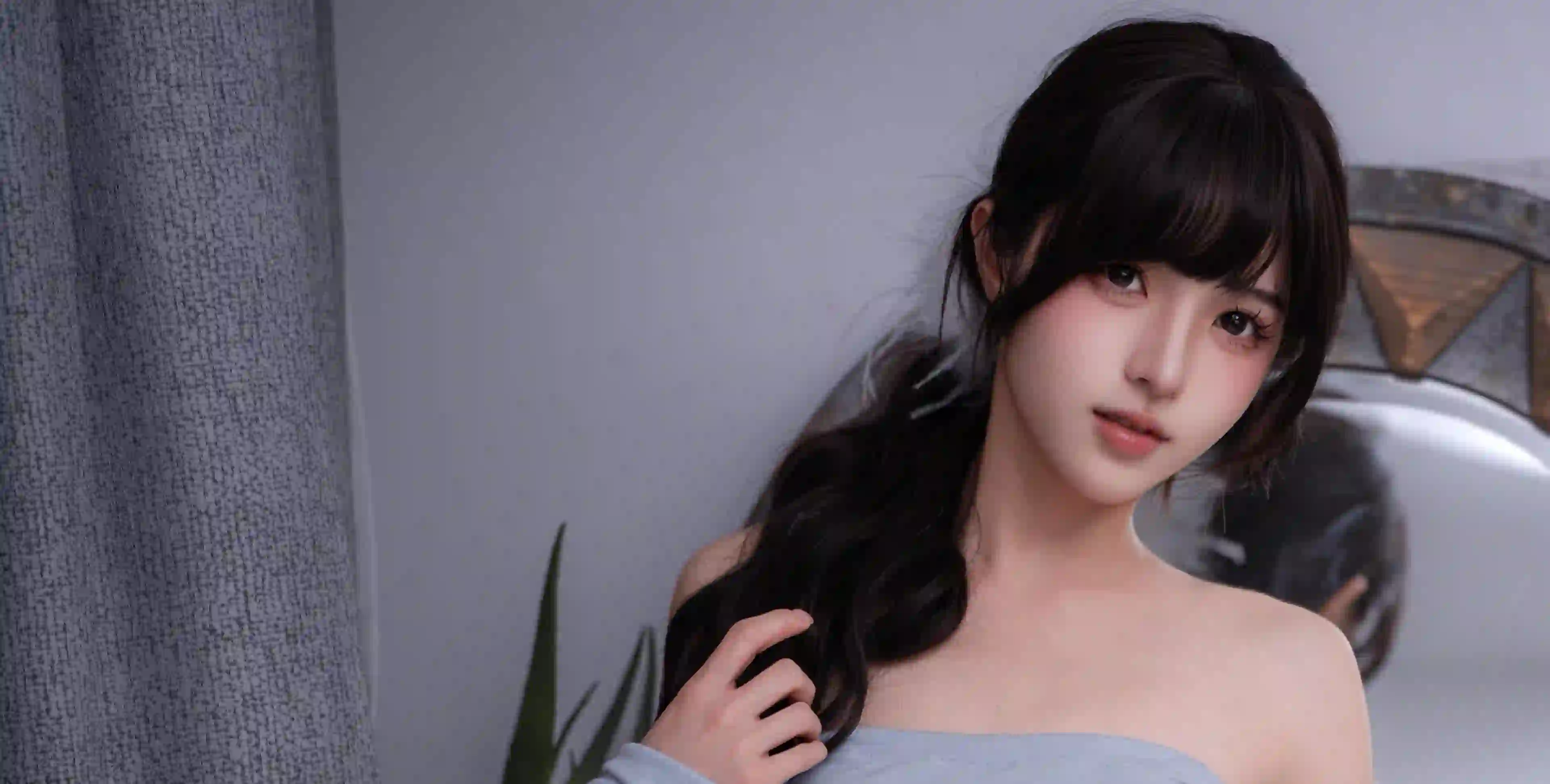 长发清纯美女 漏肩穿搭 居家 小清新 纯欲
