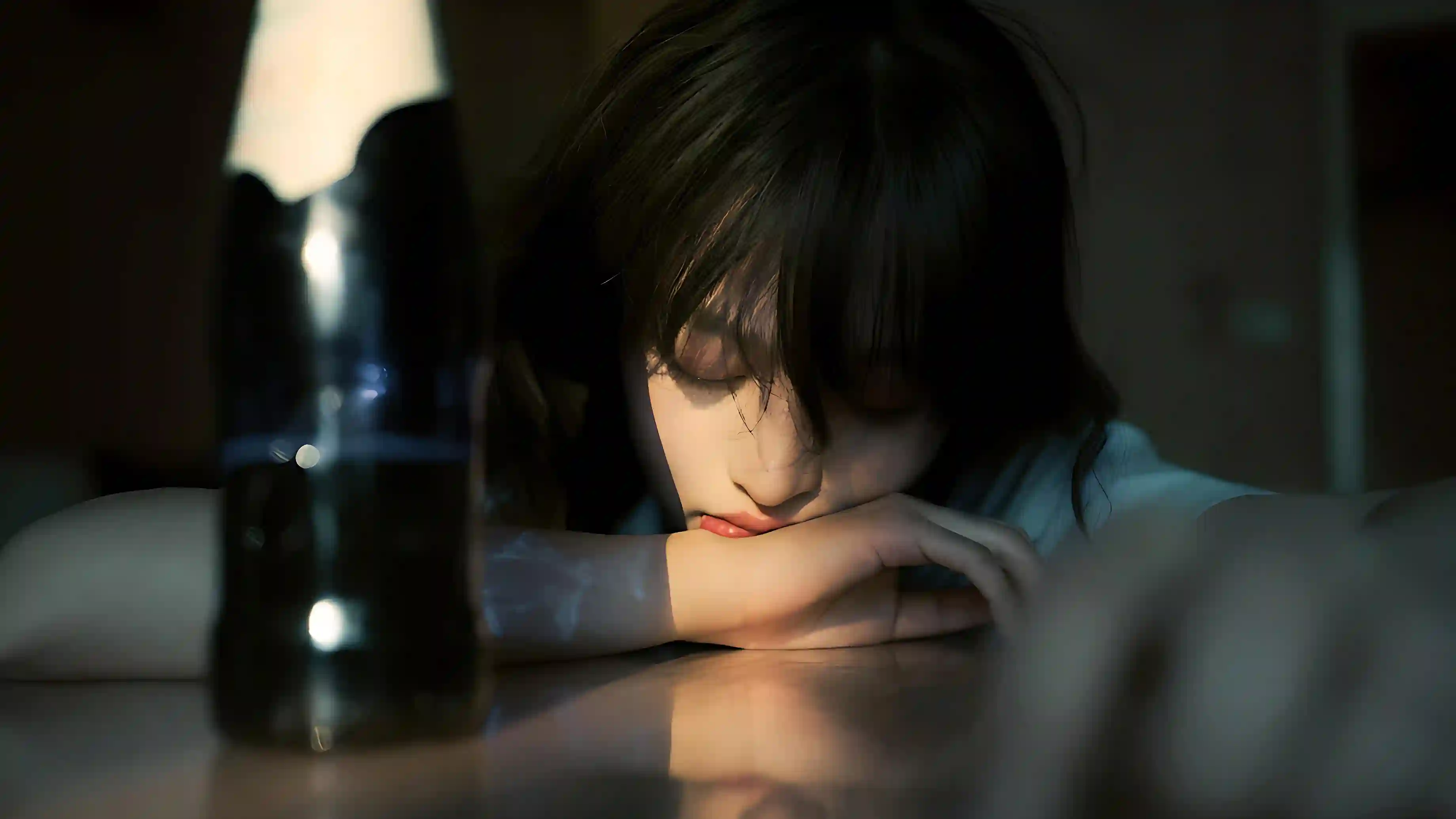 趴着桌子上的长发女孩 酒瓶 光线 睡觉 光影 美女 忧伤的美女