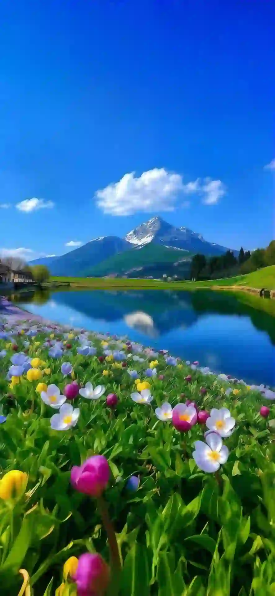 风景 山水 雪山 漫山遍野鲜花 蓝天