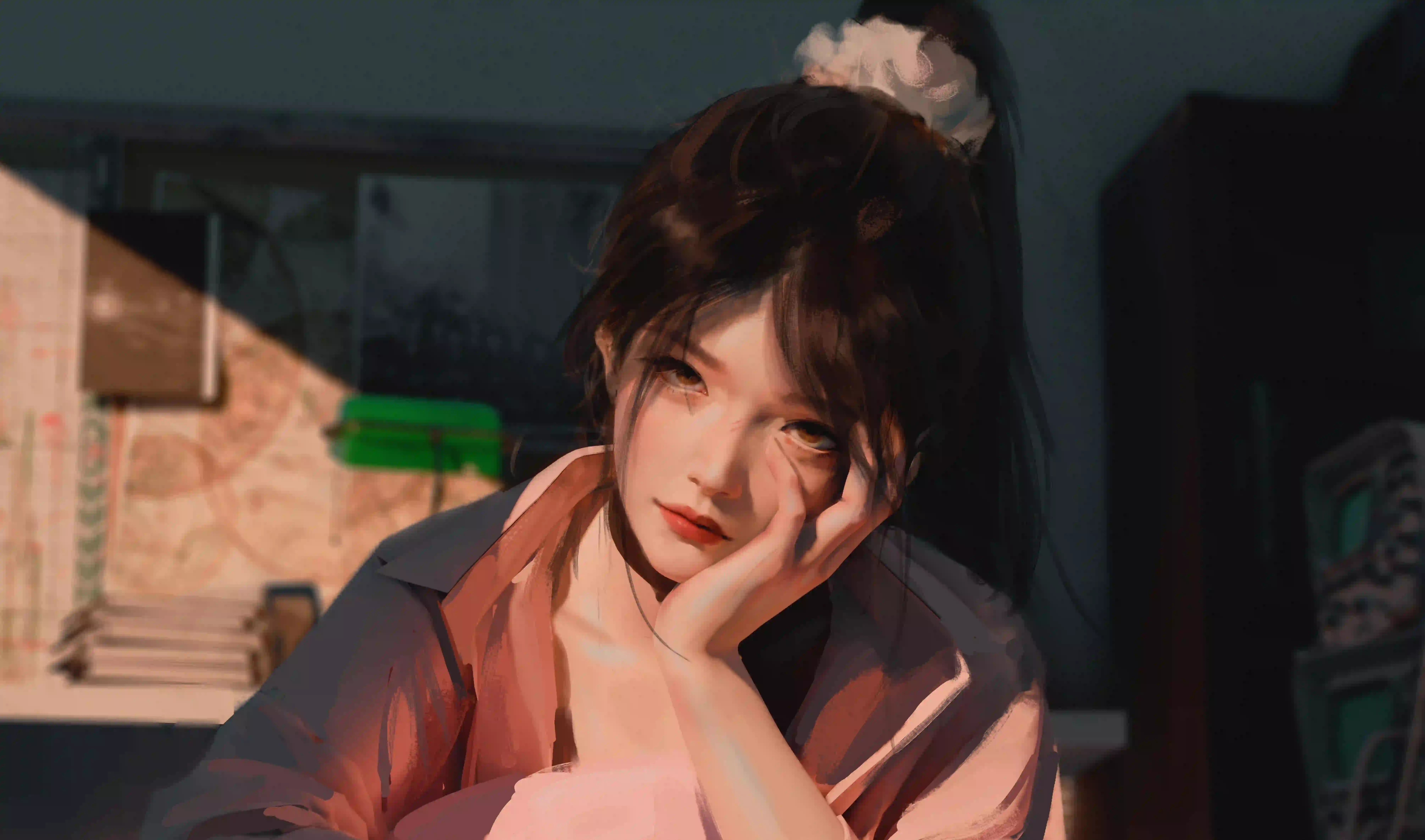 思考 长发女孩 光影 wlop