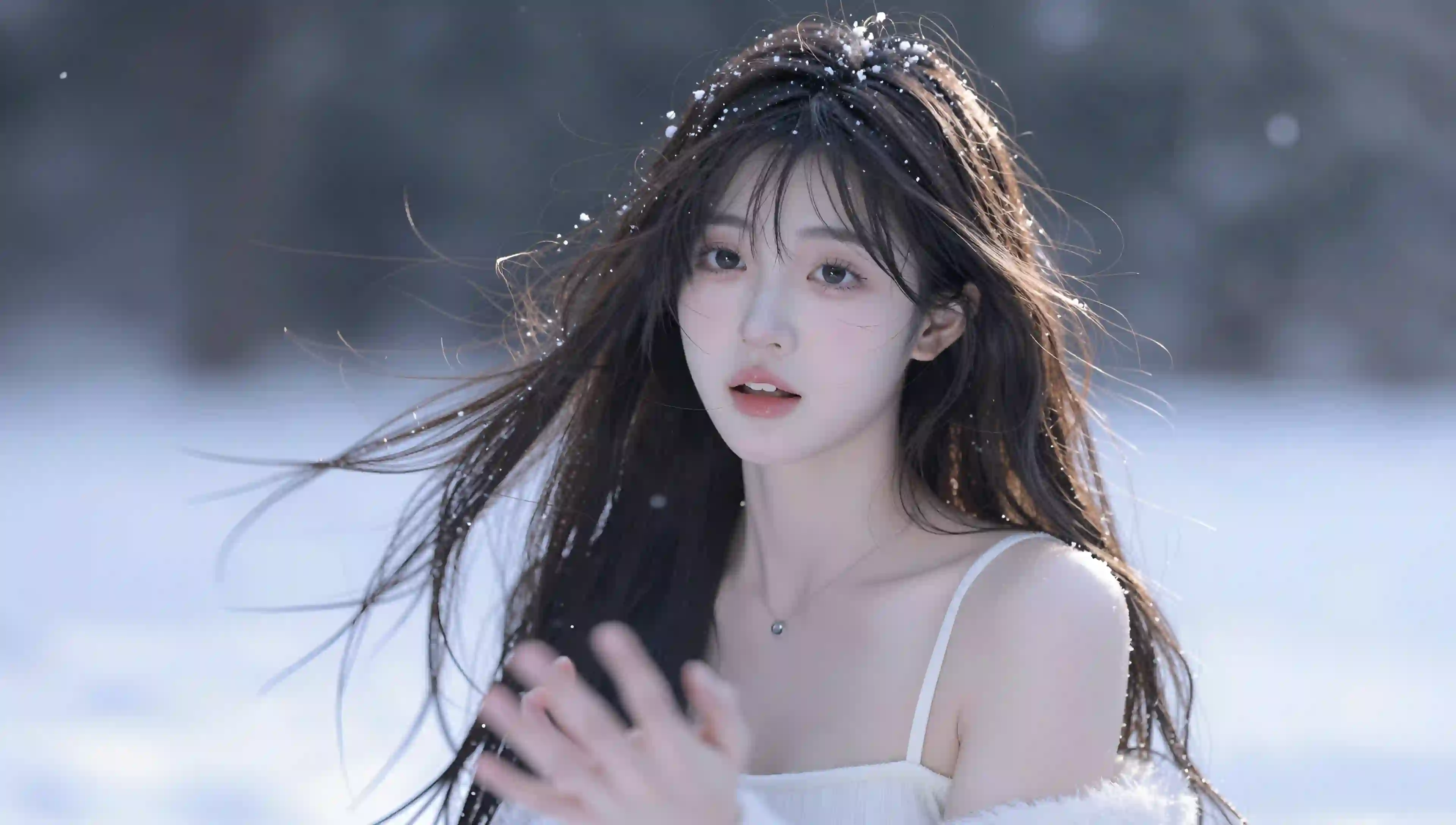 雪地少女 飘发 冬季 写真 唯美 壁纸
