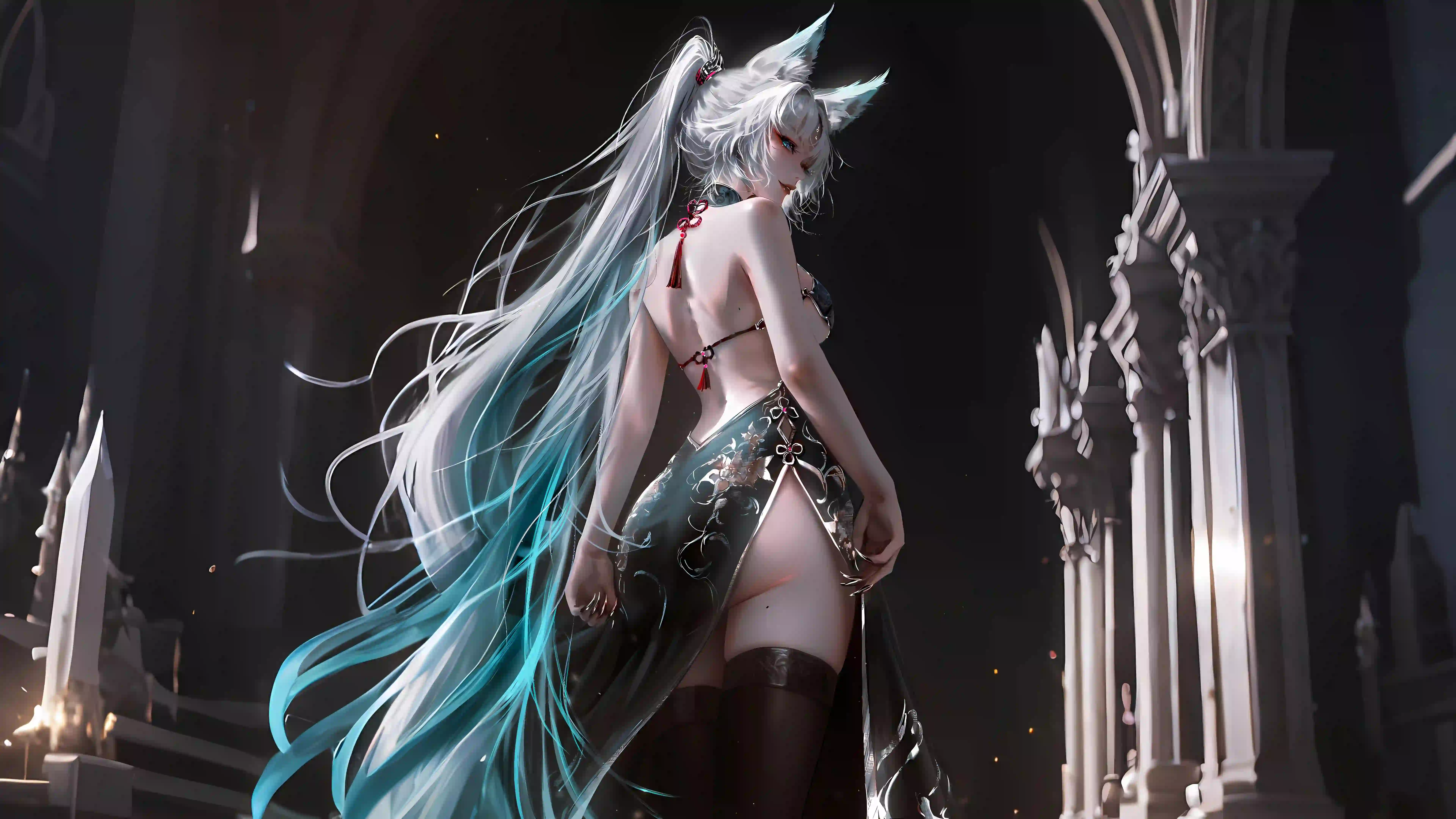 动漫女孩 二次元 狐狸耳朵 黑丝美女 