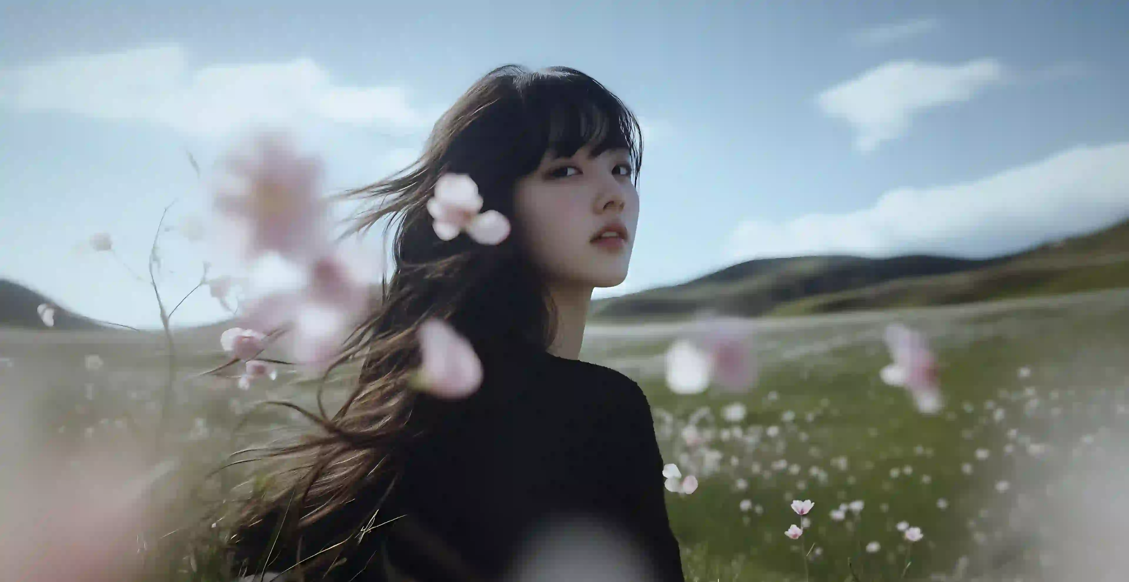 唯美 户外 草原 长发美女  花