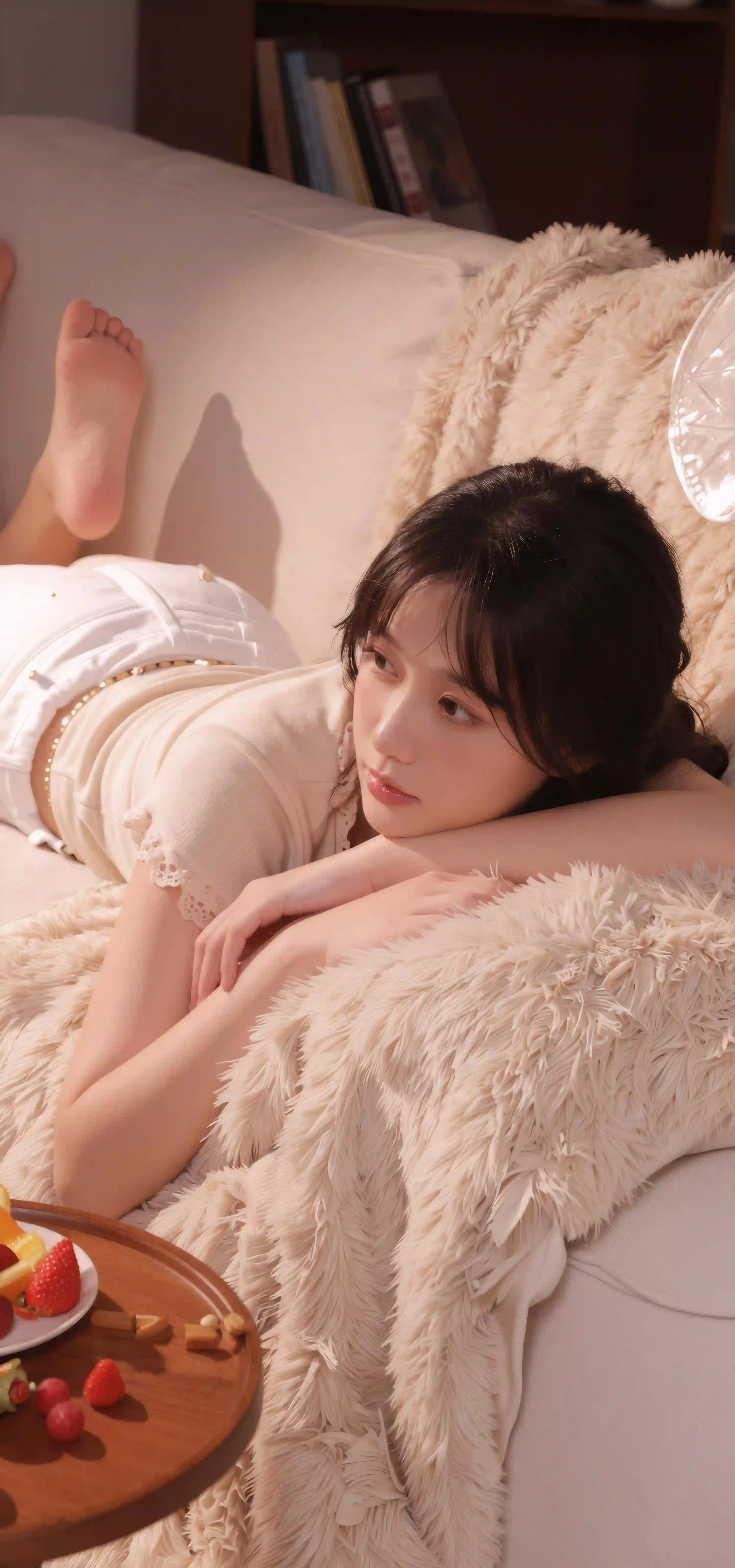 长发性感美女 长腿美女 沙发场景 居家 白色衣服