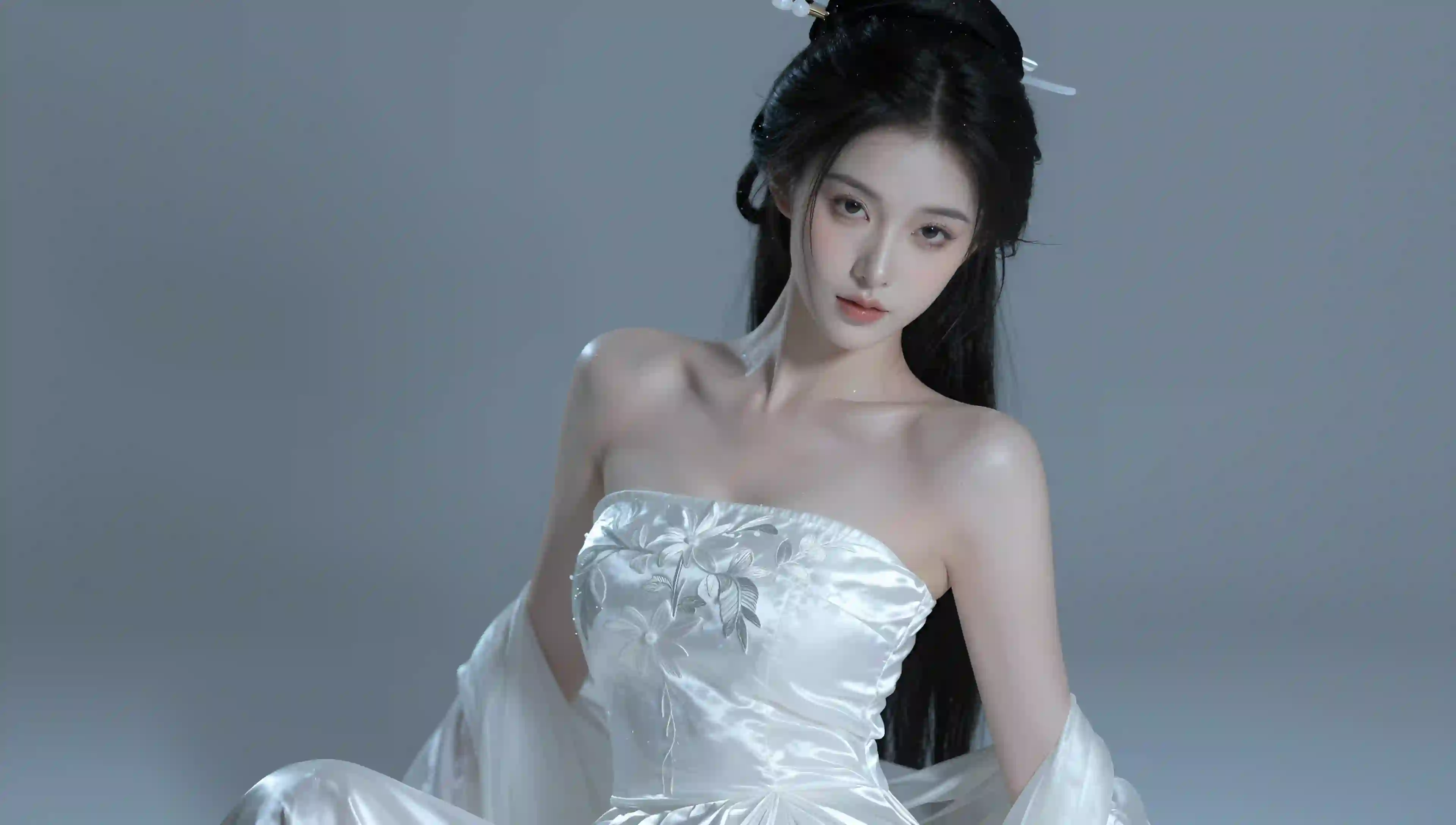 古风 汉服 美女 白色 优雅 坐姿 唯美