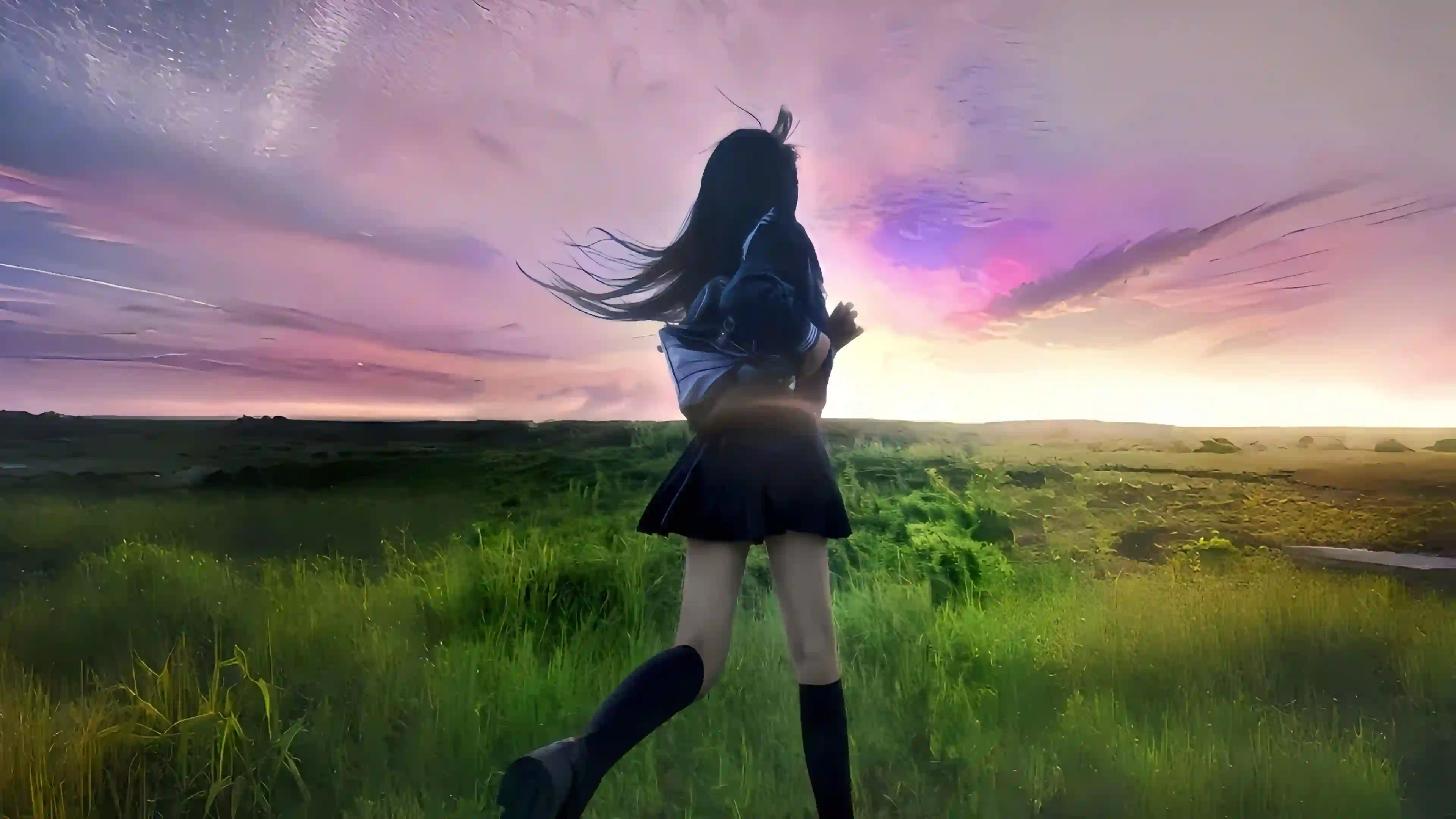 夕阳 女孩 草地 粉紫 天空 唯美 壁纸
