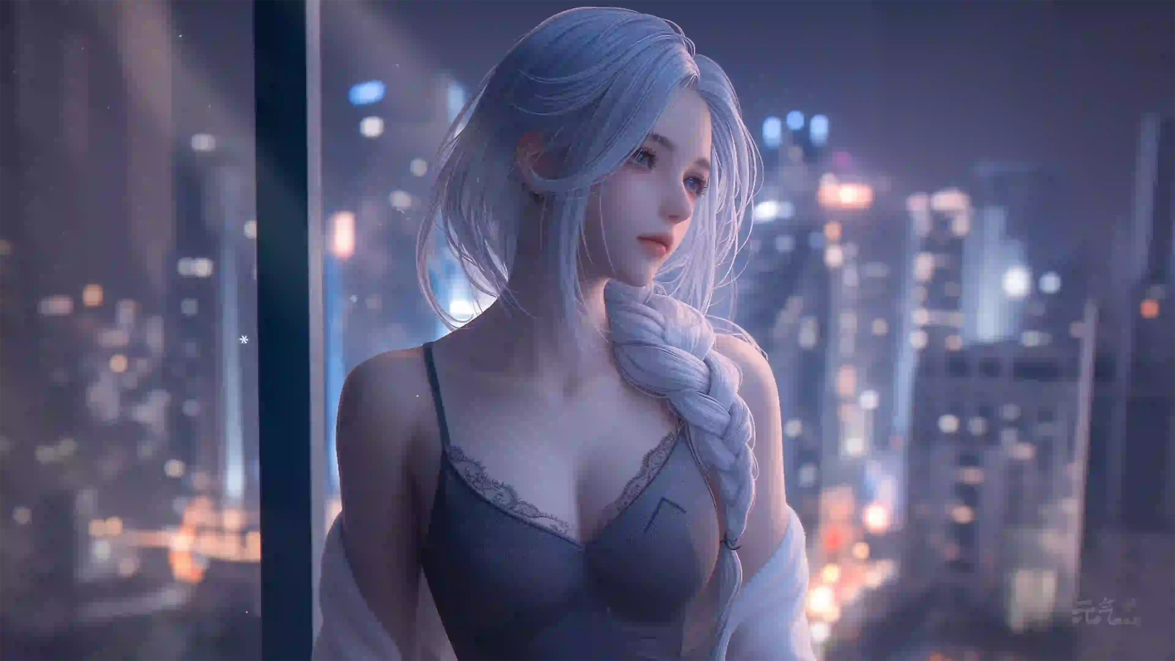 AI 动漫壁纸 吊带女孩 白色头发 Ai角色 长发美女 性感女孩 二次元