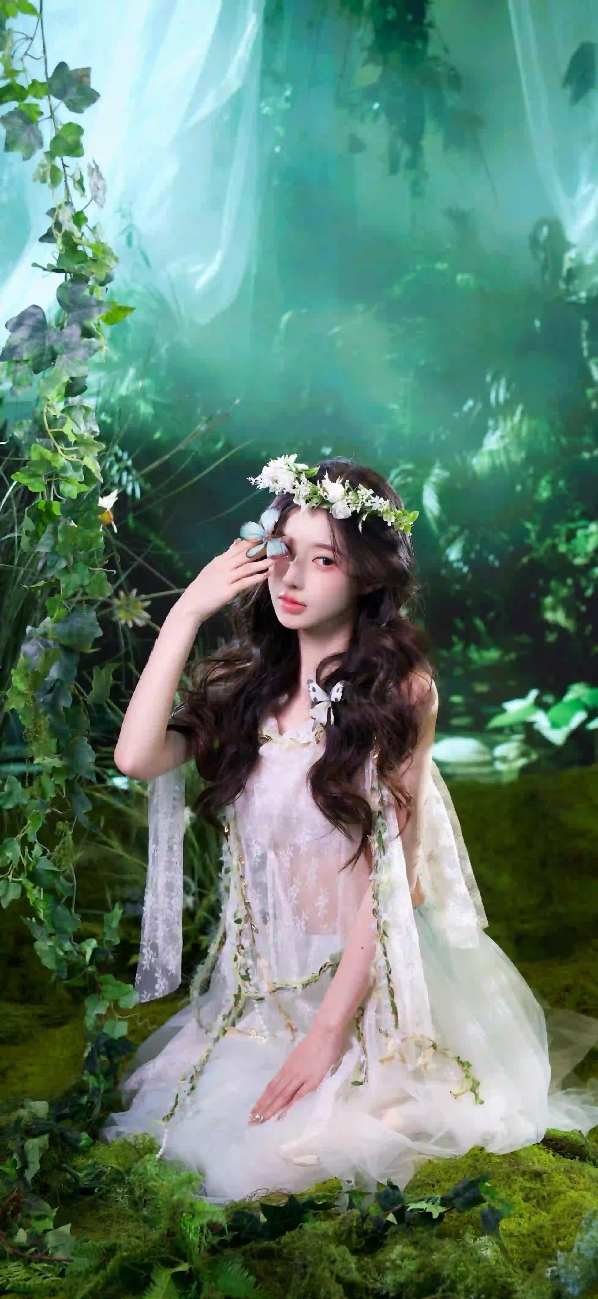绿色养眼 长发清纯女孩 亲近自然  绿色树木 花草