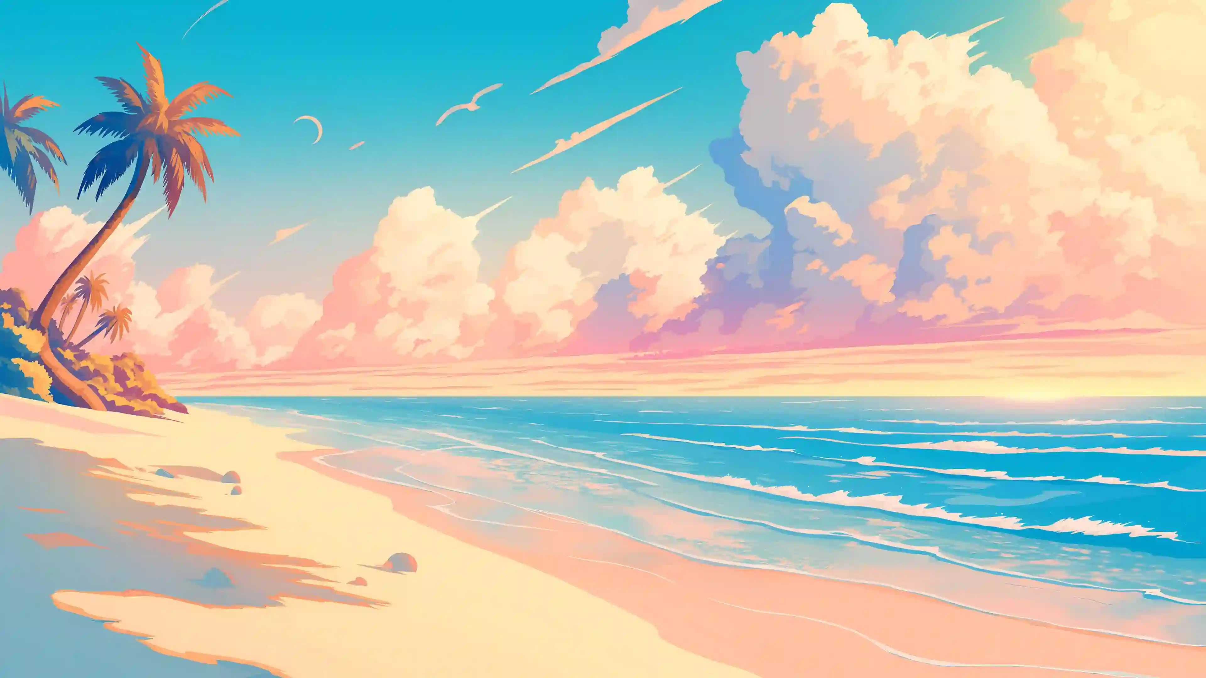 海滩日落 插画 椰树 风景