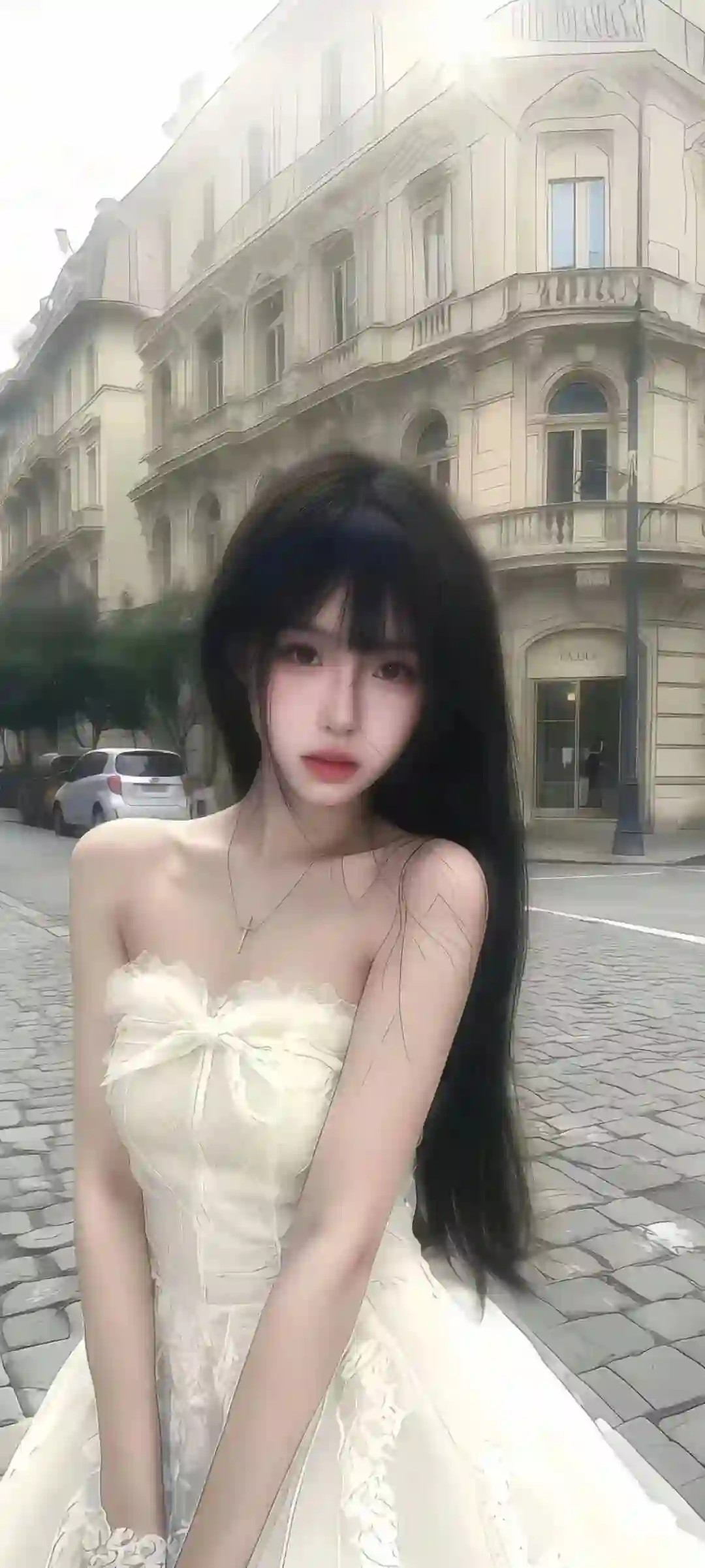 AI少女 白色长裙 欧式建筑 城市街景 长发 黑色头发
