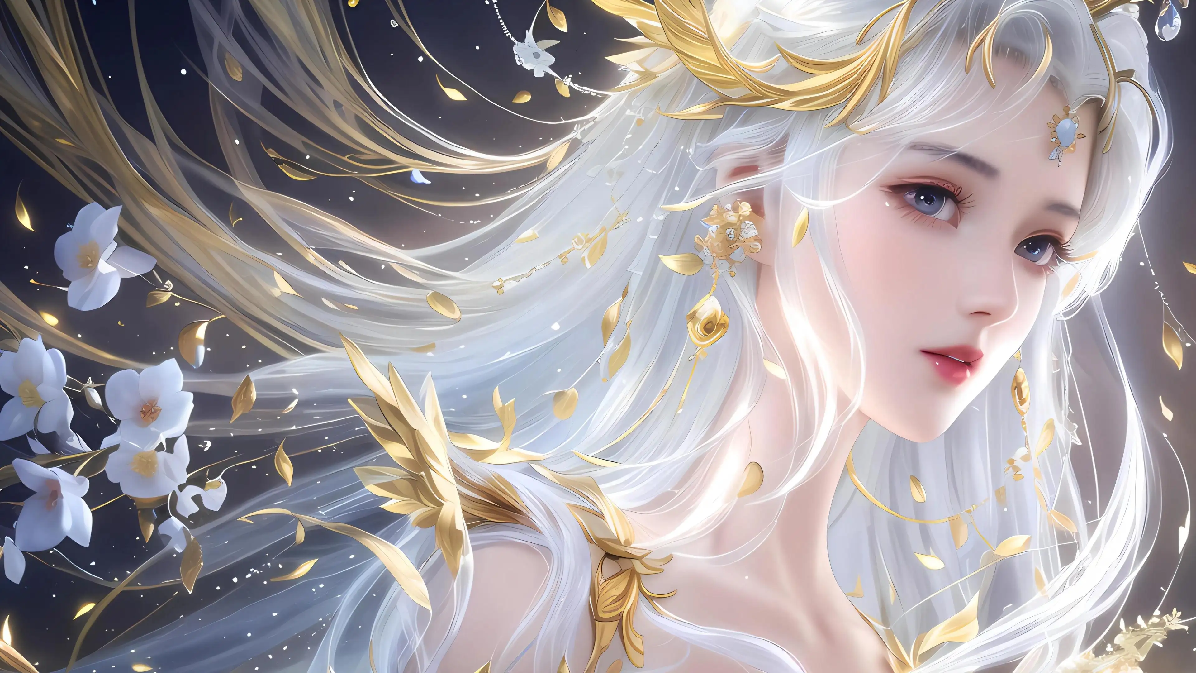 月 天使 花瓣 动漫女孩 4k壁纸