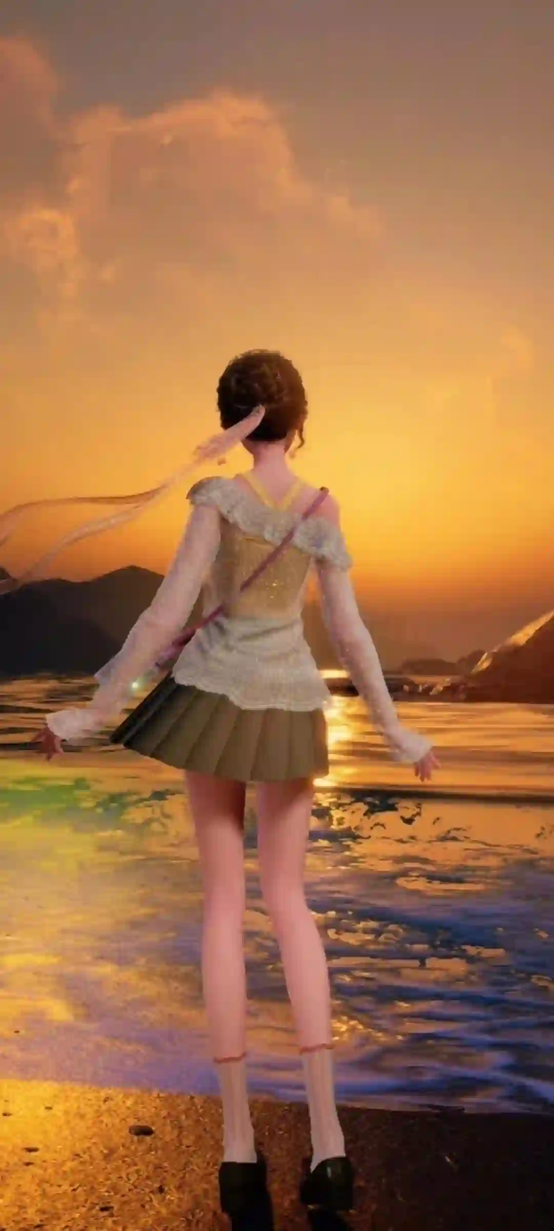 日落海滩少女背影 唯美动漫壁纸 暖光夕阳