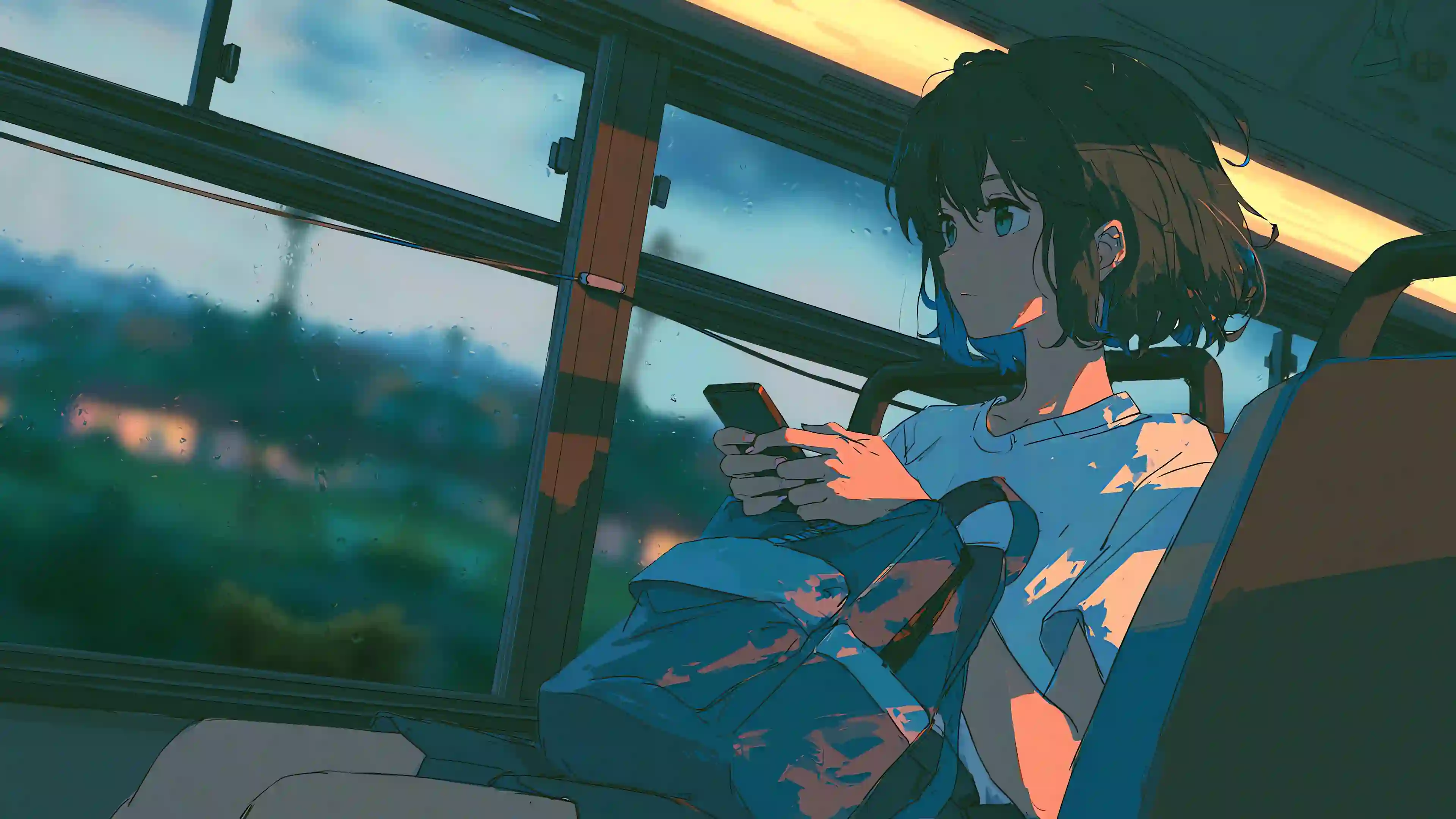 巴士上的少女 动漫女孩 二次元 短发