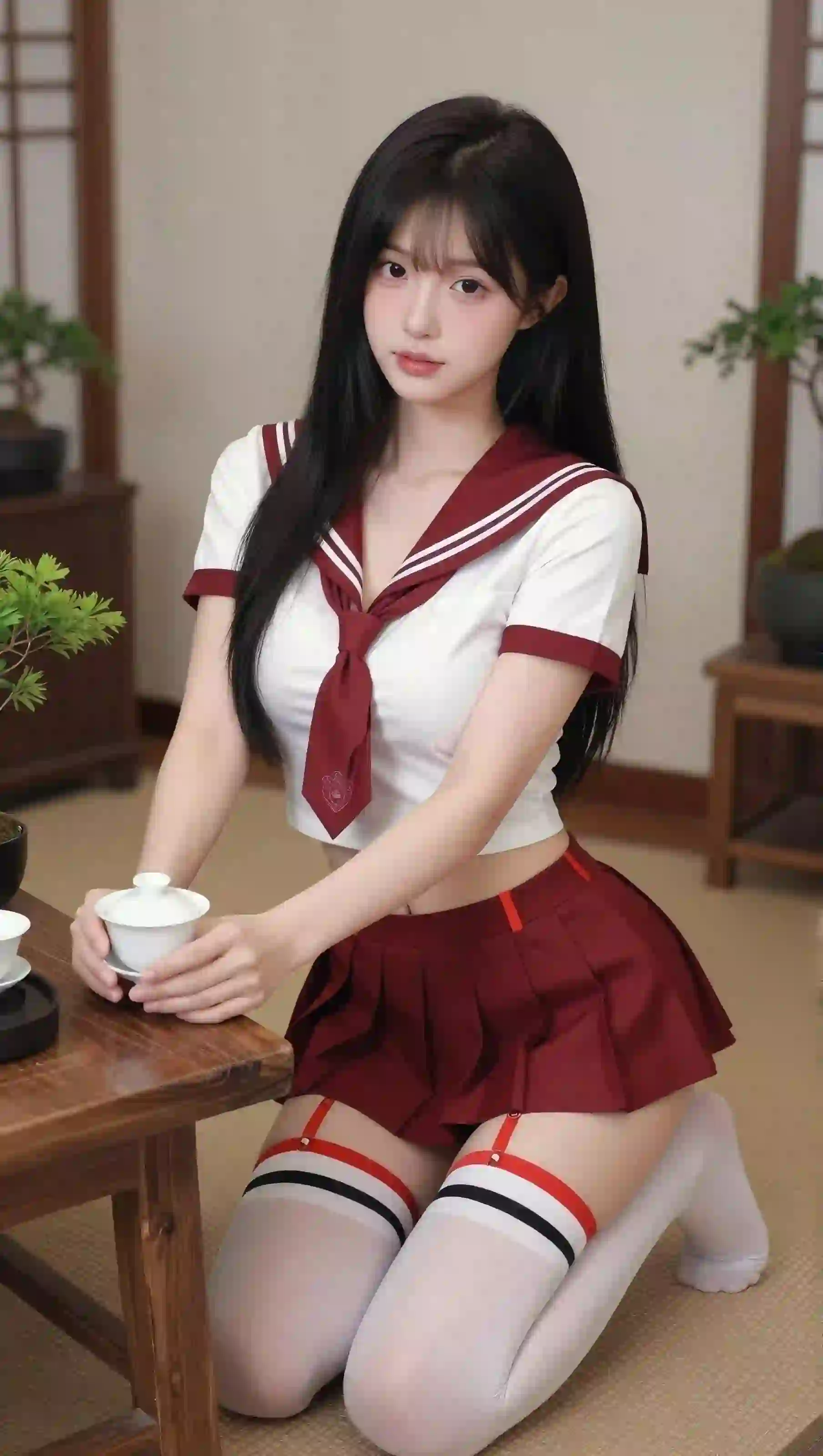 长发美女 红色jk 丝袜 白色丝袜 居家 茶