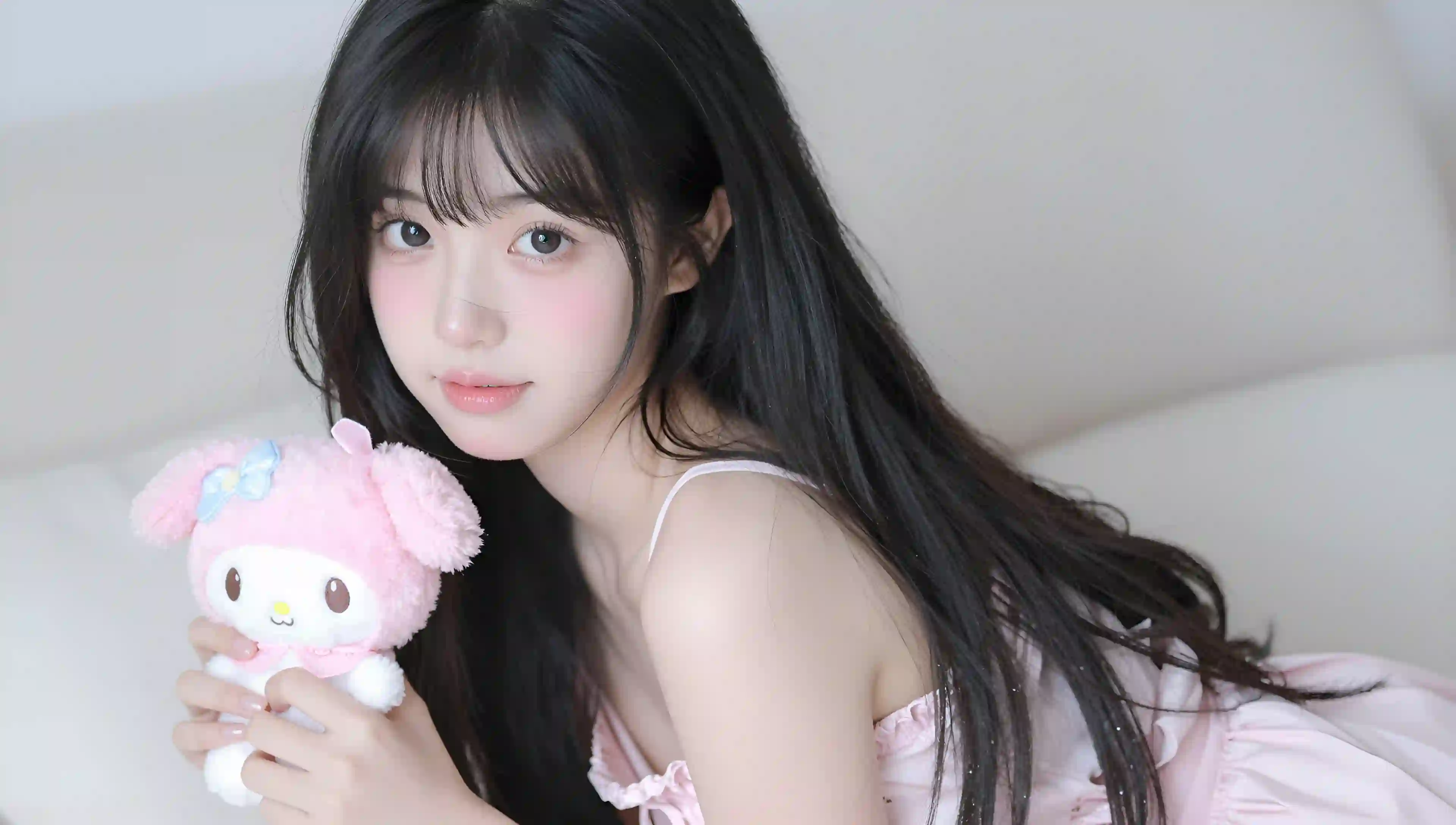 长发女孩 粉色美乐蒂玩偶 甜美少女