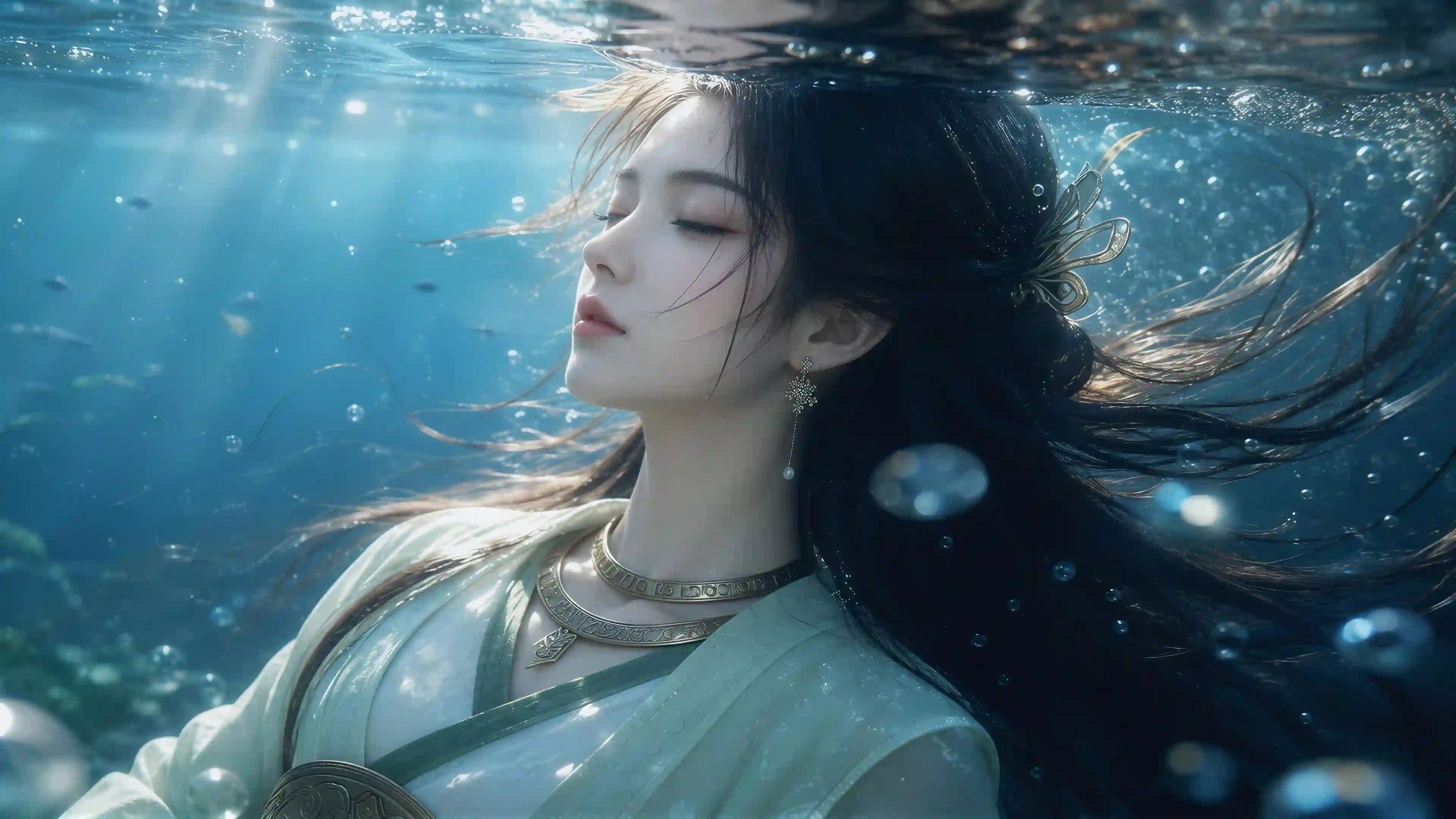 水下古风少女 闭眼沉思 浅绿汉服 金色饰品