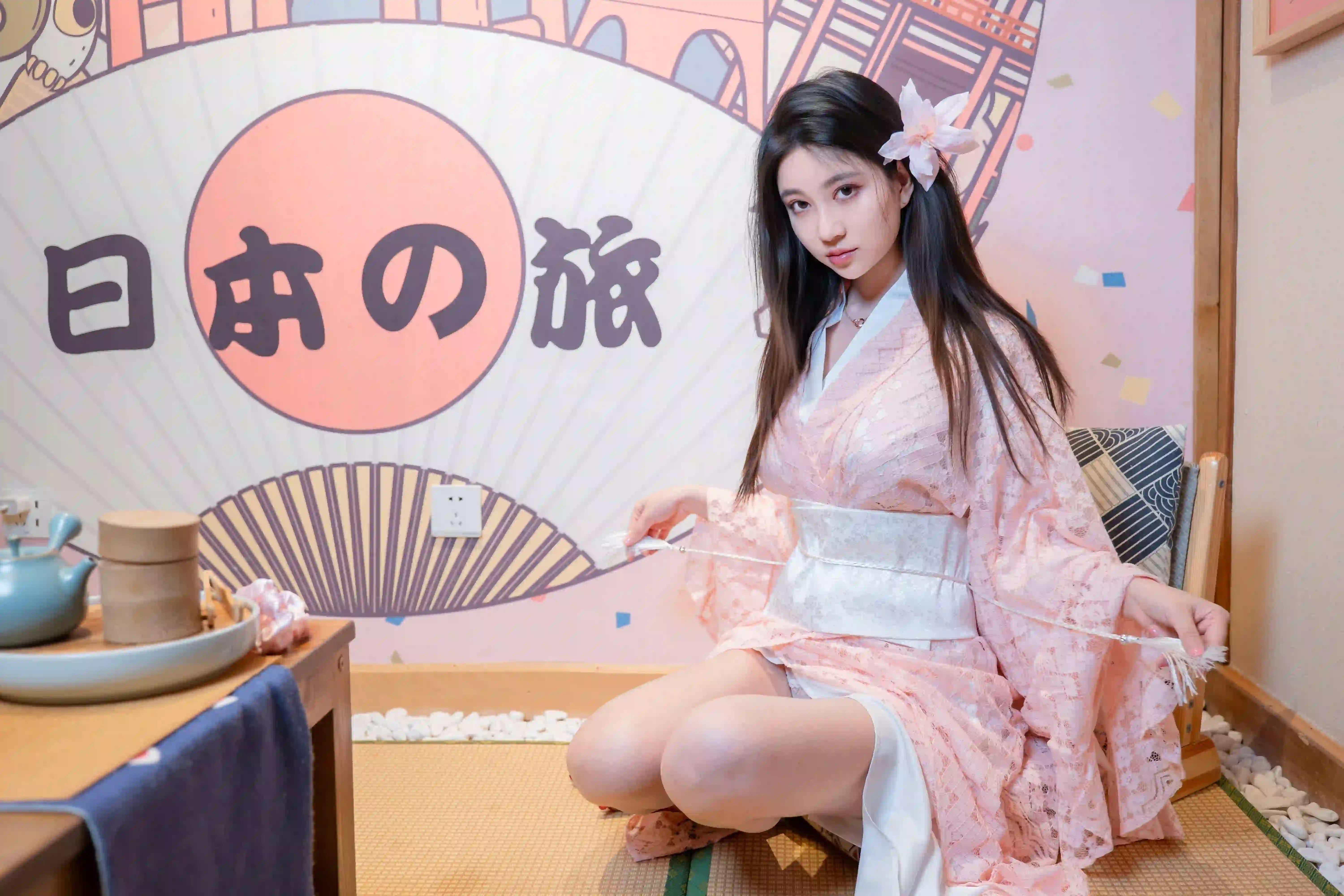 长发性感美女 粉红色和服美女 桃花 日式穿搭 