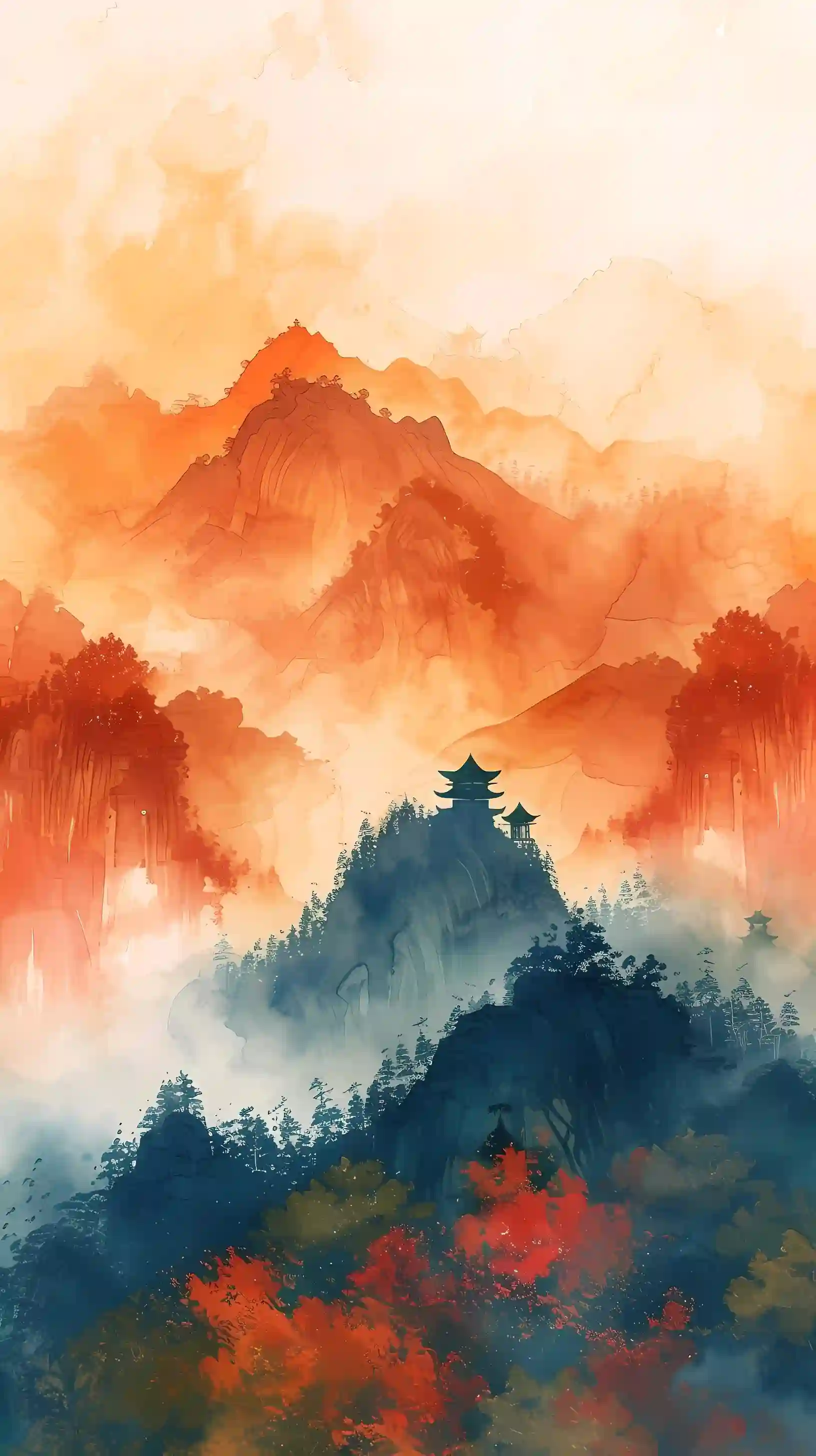 水墨风格 山 红色的山 意境 