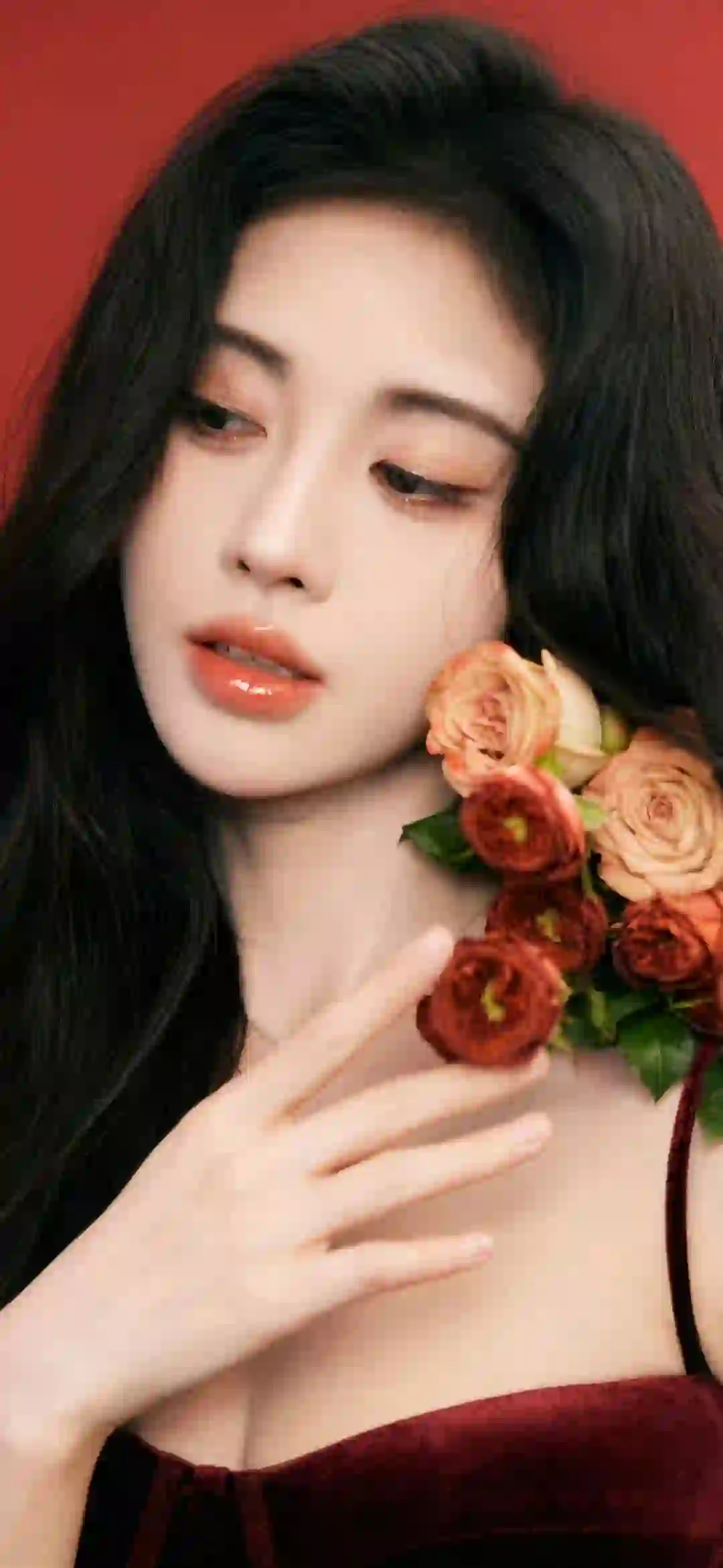 玫瑰花女孩 鞠婧祎 红色吊带 性感美女