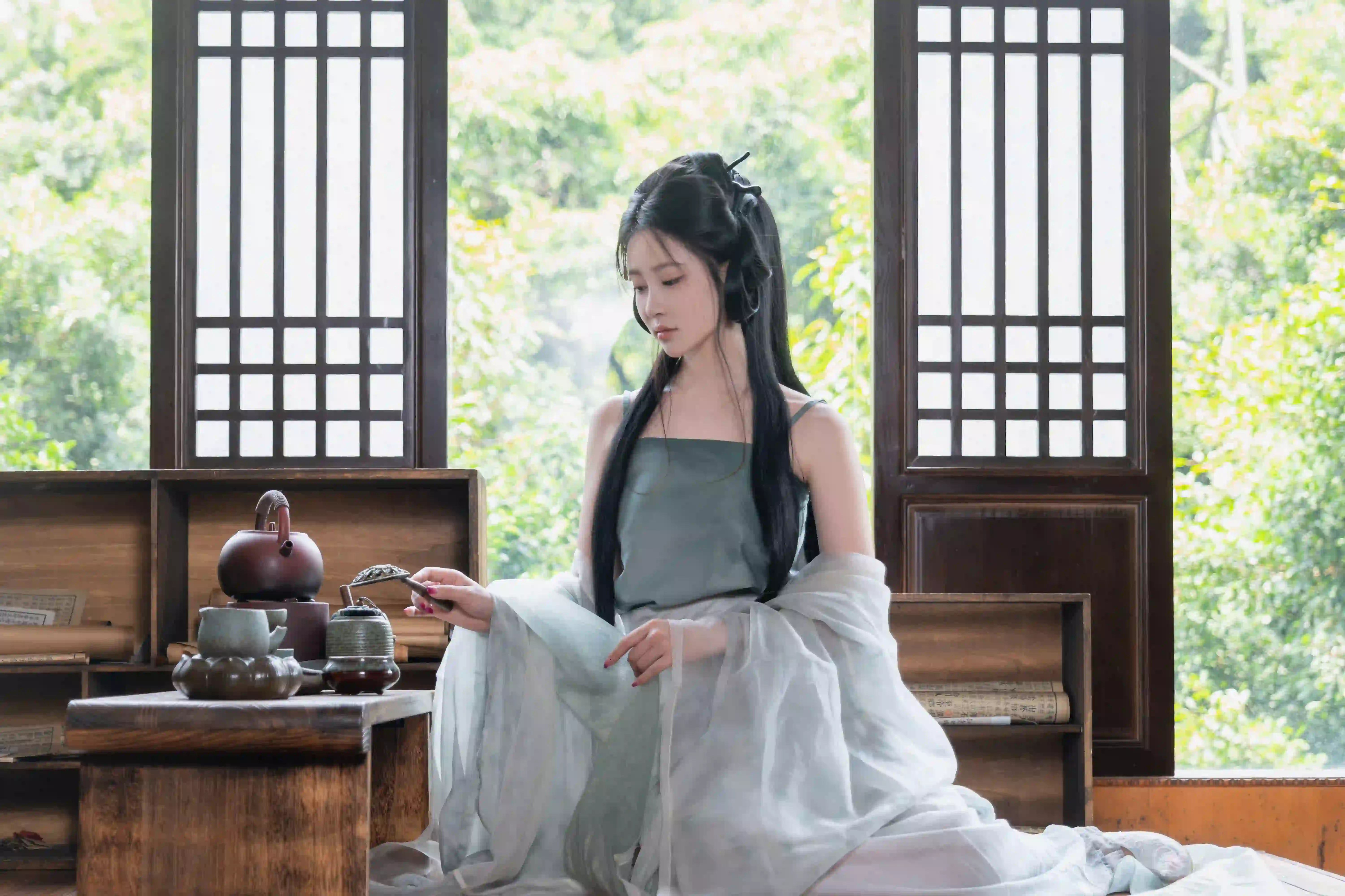 绿色背景 古风汉服美女 性感美女 古风穿搭 居家 古风建筑