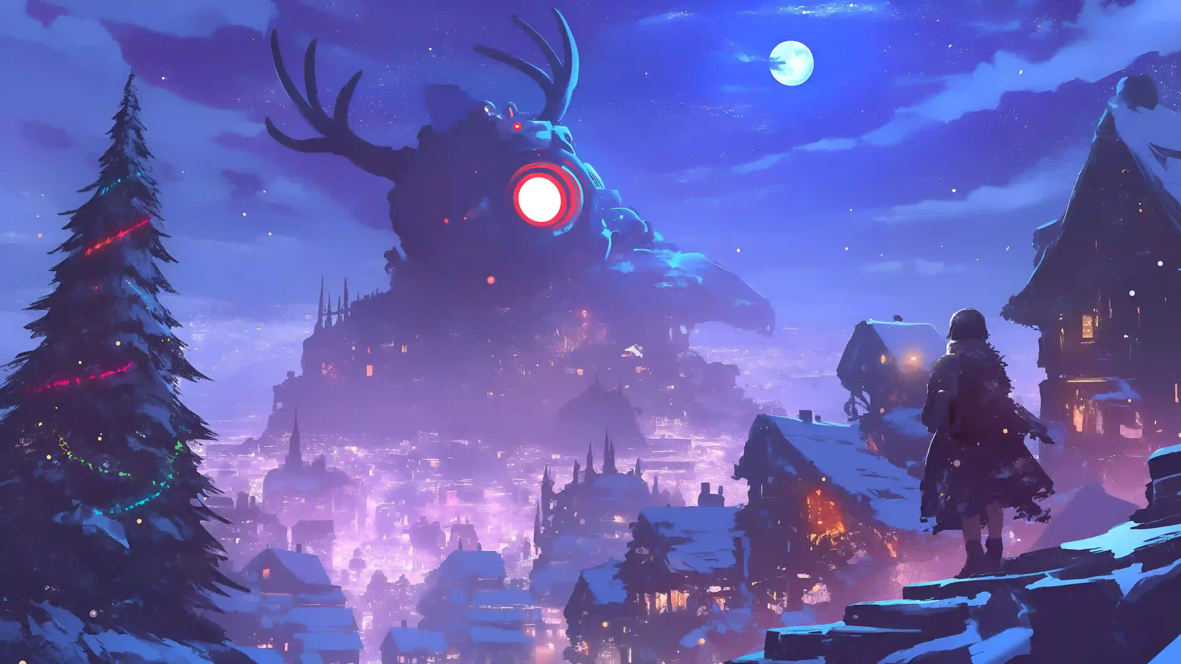 机械鹿 雪夜 城市 月光 巨物 奇幻 科幻 壁纸
