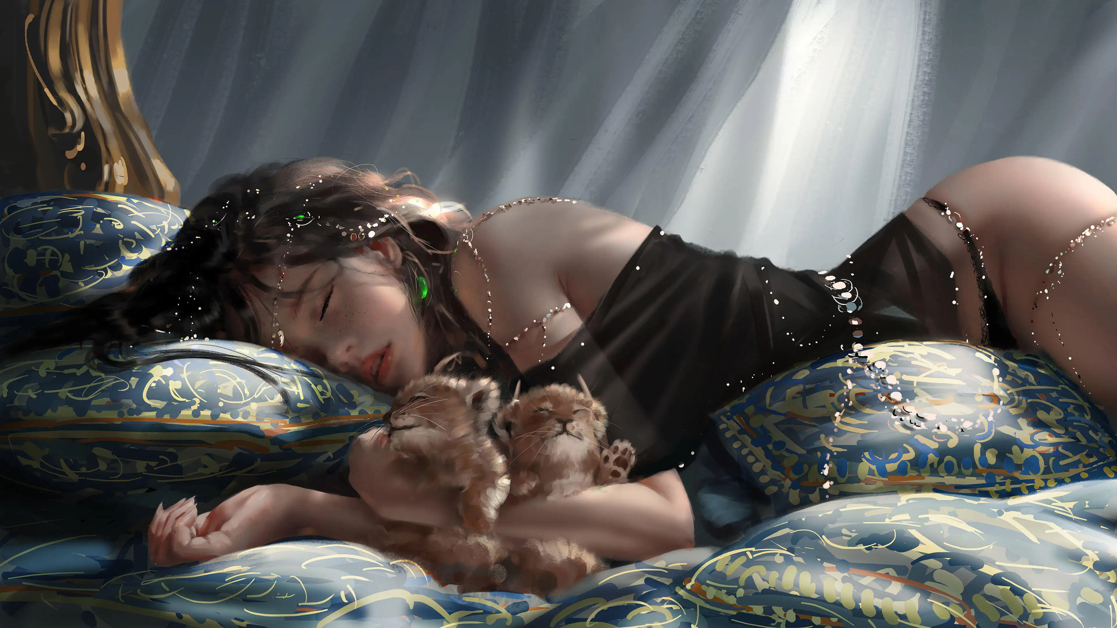 侧躺在床上睡觉，怀里抱着两只小狮子的性感美臀美女插画