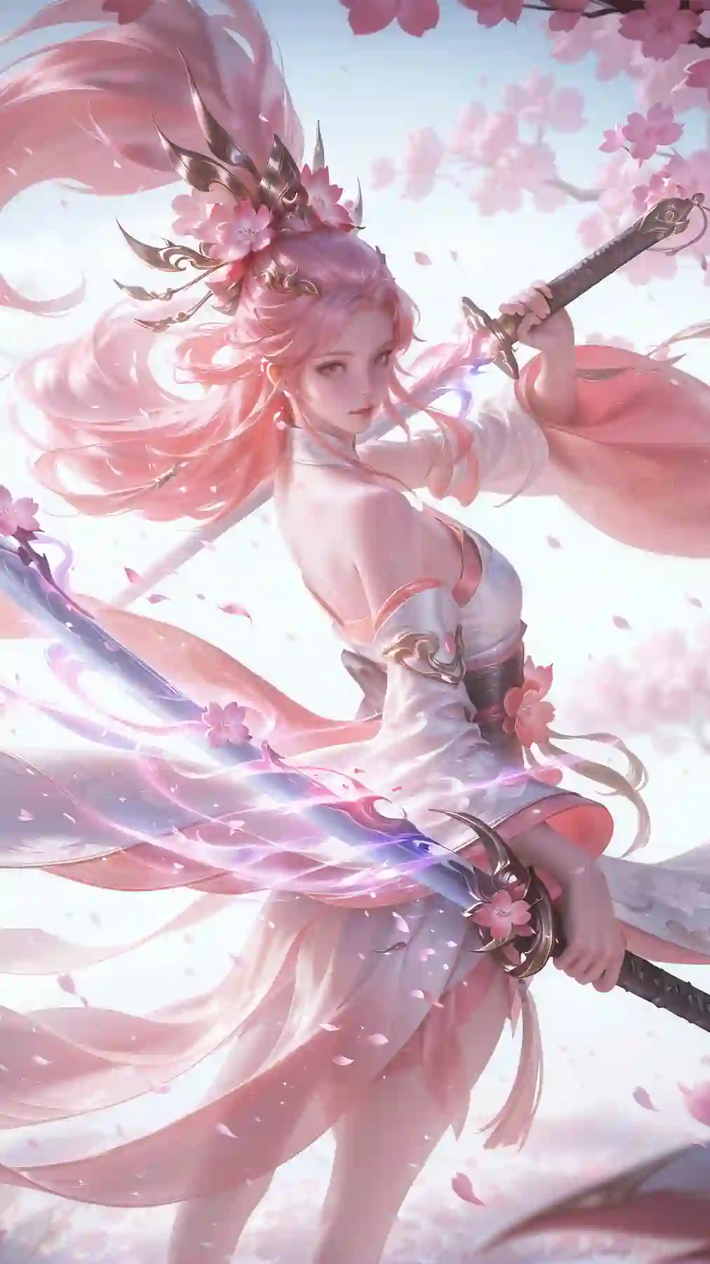 古风仙侠粉发持剑女二次元角色 粉红色花朵