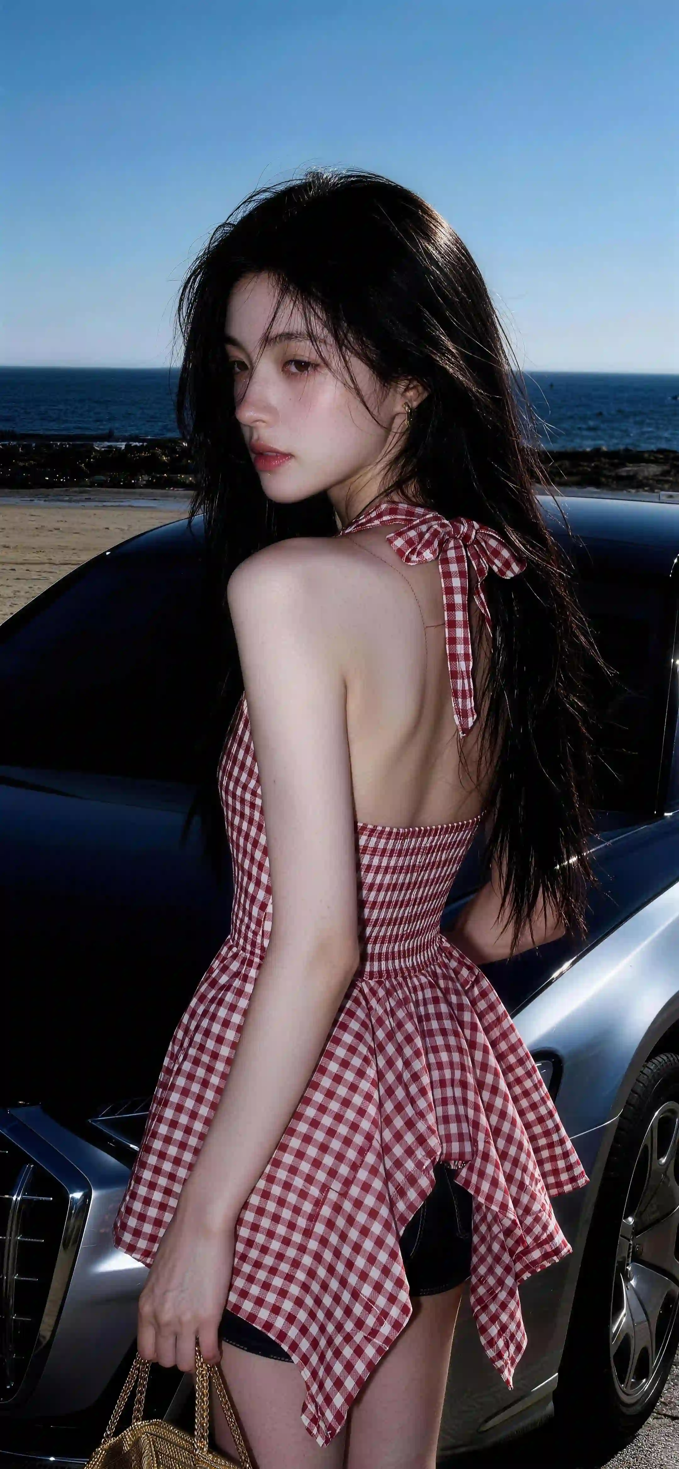 长发美女 红白格纹挂脖 靠在银色跑车旁 海滩蓝天背景 夏日时尚写真
