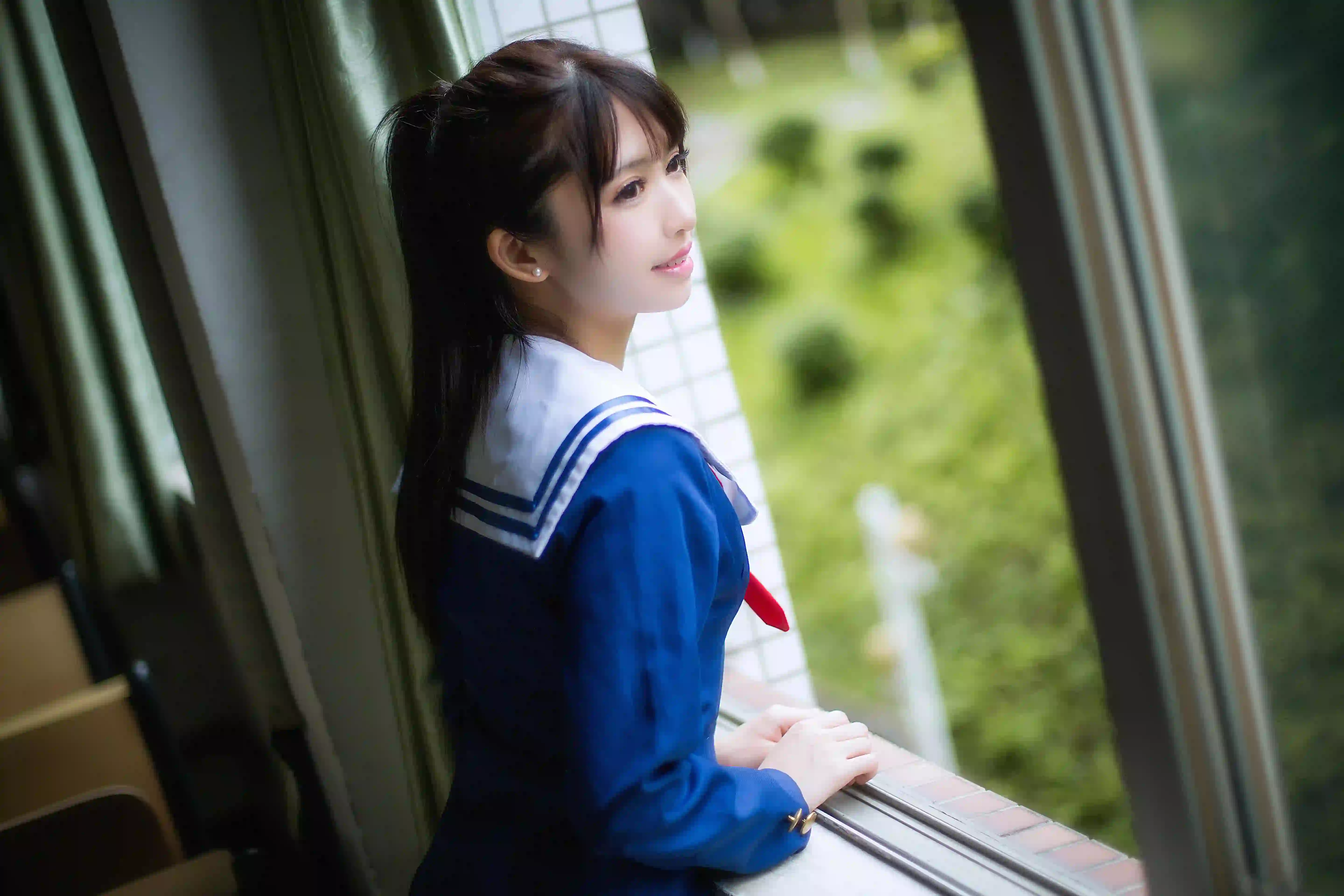 jk穿搭 单马尾 长发清纯美女 居家 