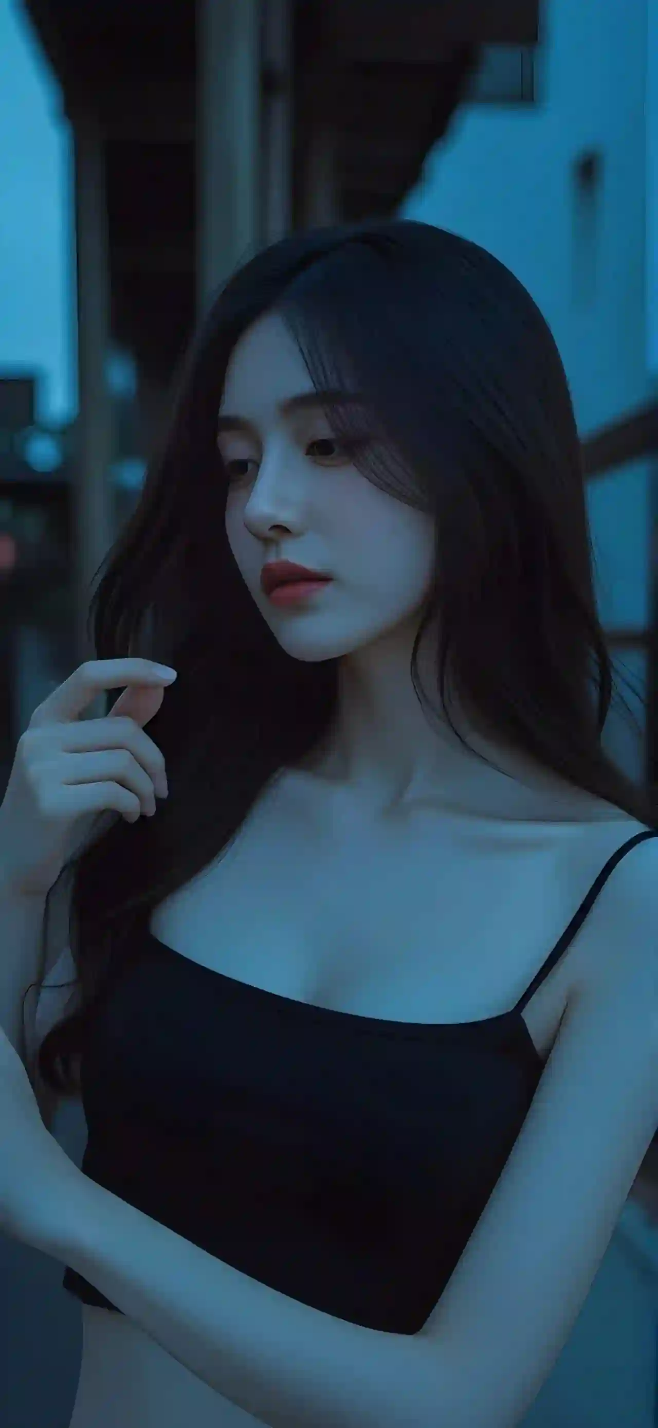 美女 长发美女 黑色吊带 傍晚 性感美女