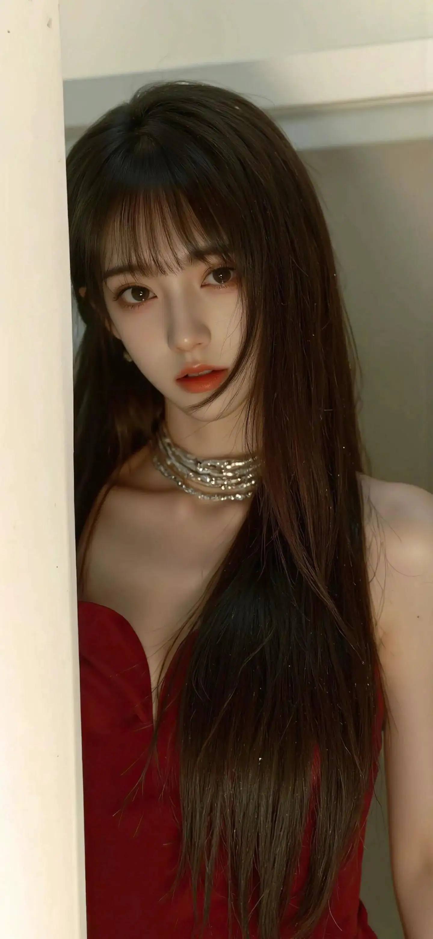 长发红衣美女｜长发｜银色项链｜时尚