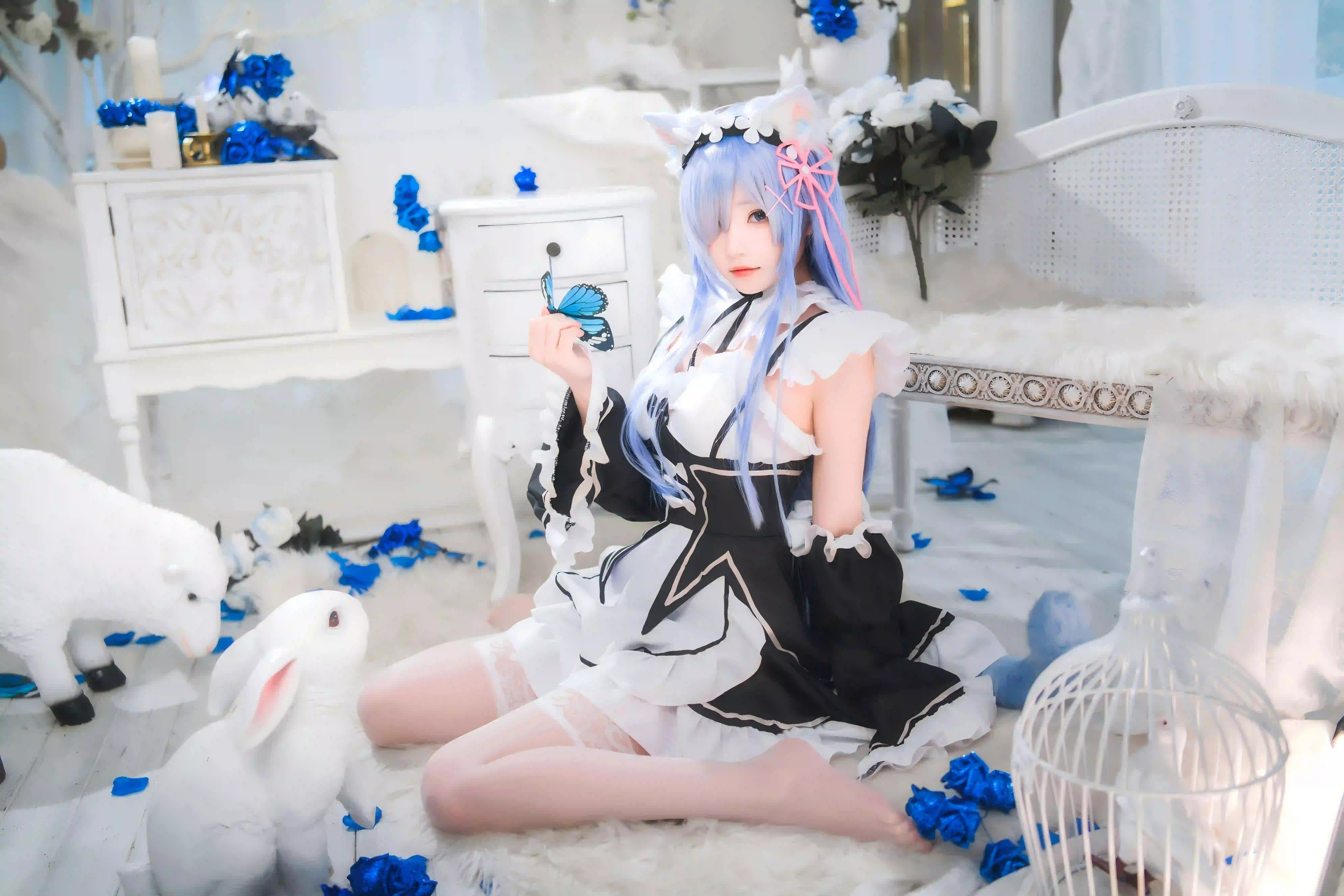 coser 雷姆 蓝色头发 性感美女 丝袜 白色丝袜 5