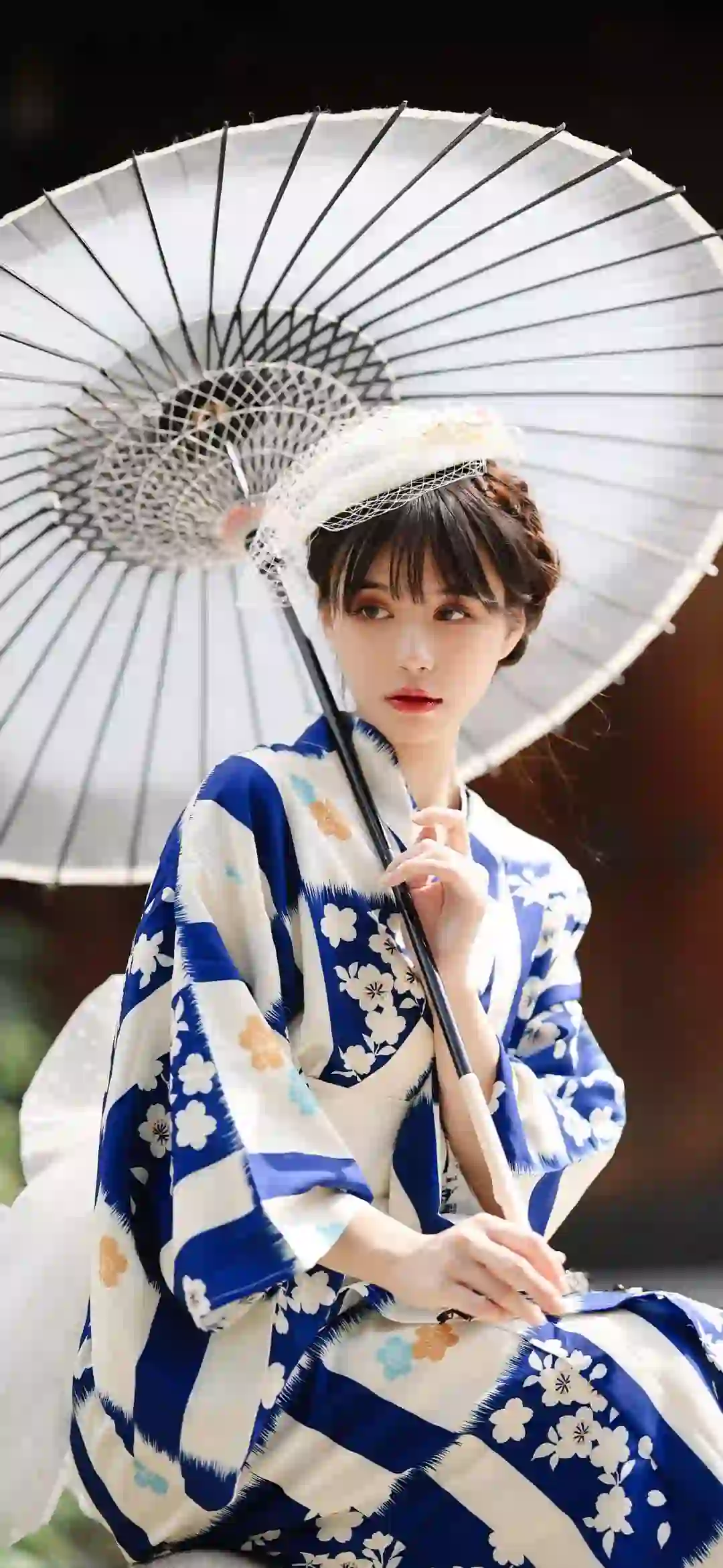 白色伞 蓝白和服 清纯美女