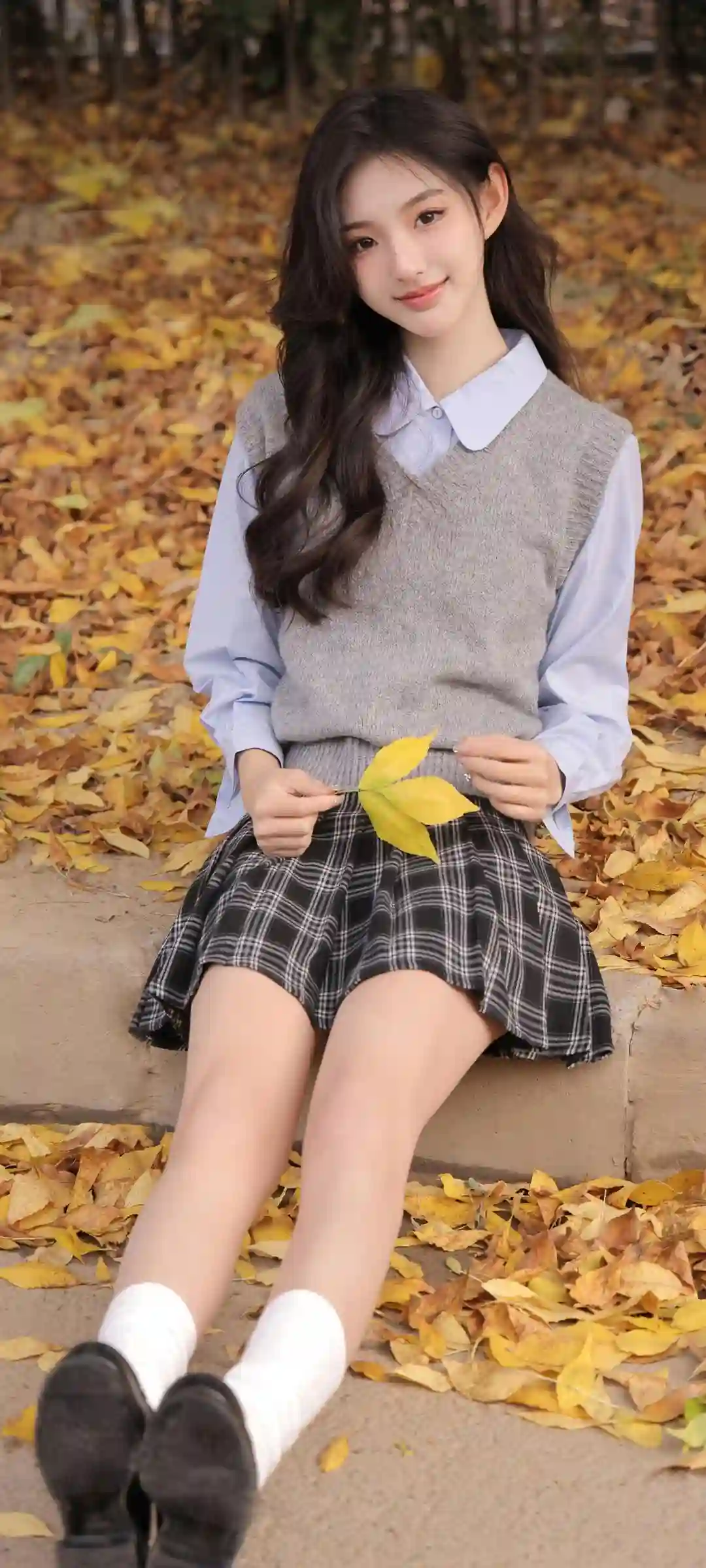秋天 枫叶 🍁 jk 美女 户外 短裙